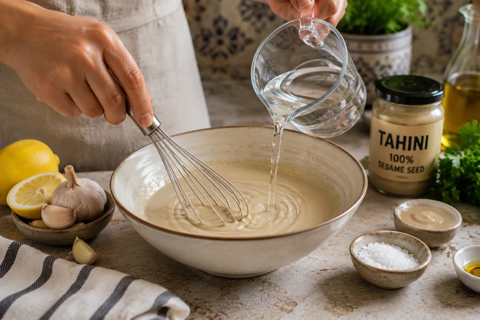 Creamy lemon-garlic tahini sauce being whisked in a bowl in a natural stylish Lebanese-inspired kitchen.