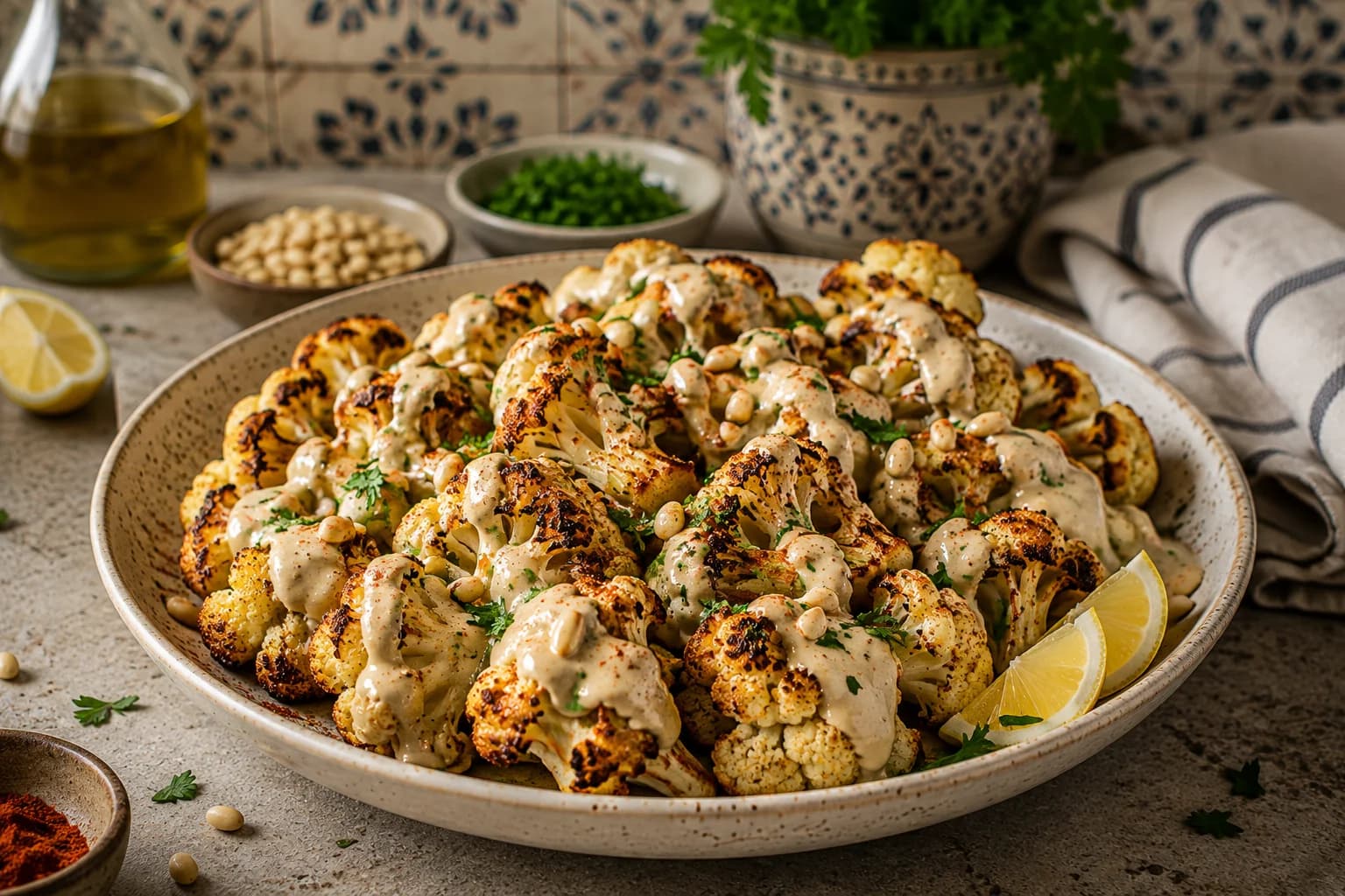 Naturally arranged golden roasted cauliflower drizzled with tahini and finished with parsley, pine nuts, paprika, and lemon in a stylish Mediterranean kitchen.