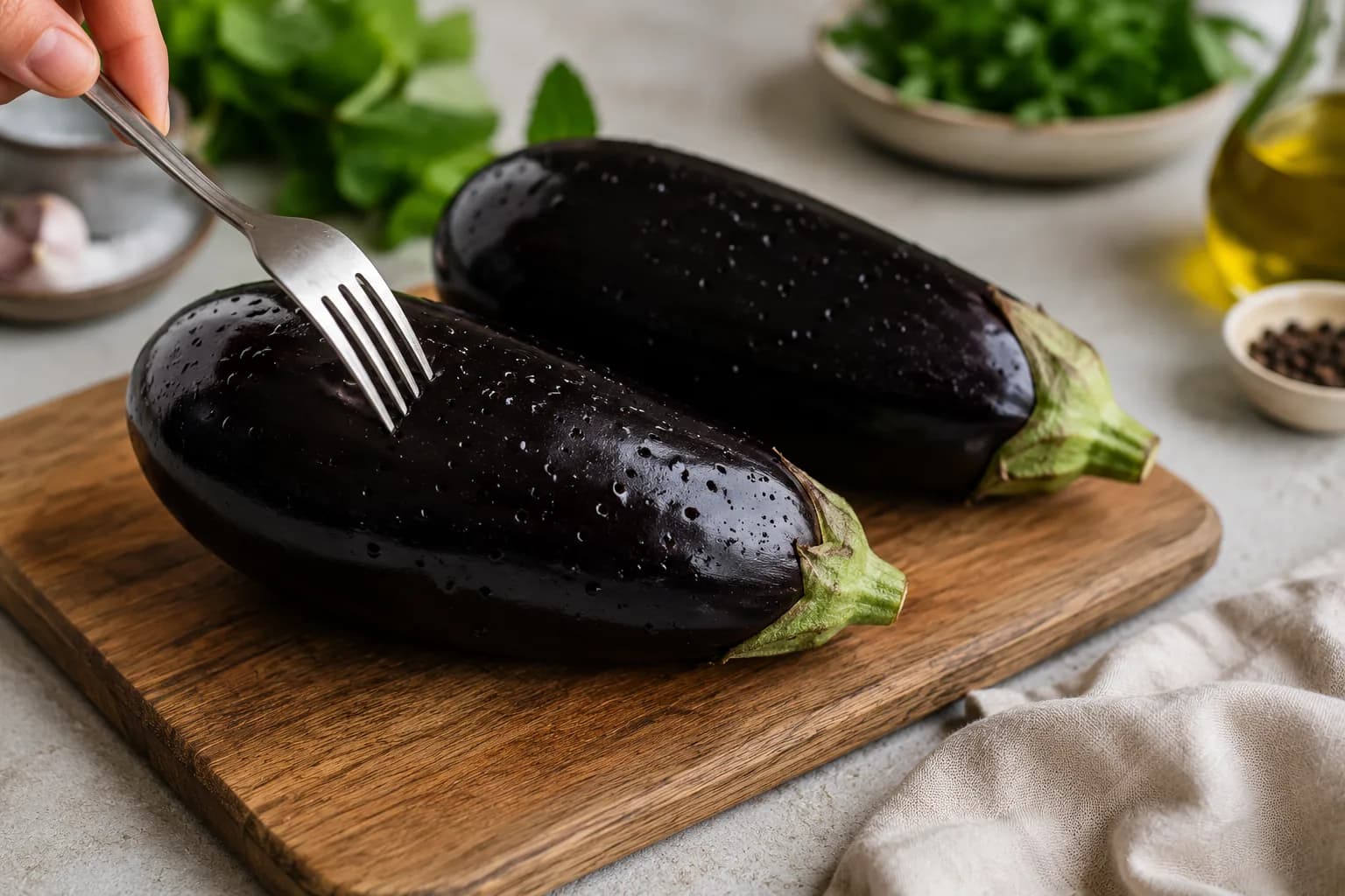 Whole eggplants prepared for roasting with small fork holes in the skin.