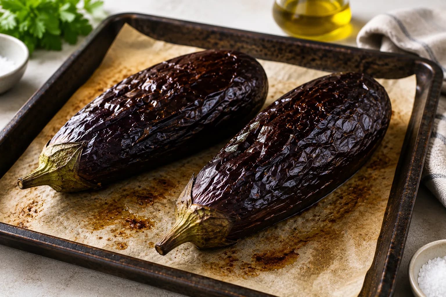 Eggplants roasting on a baking tray until their skins are deeply softened.