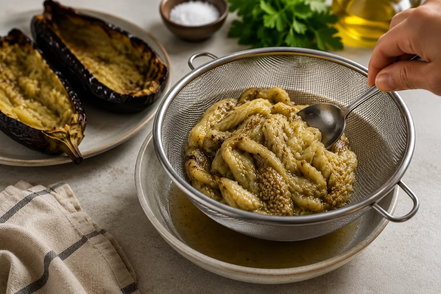 Tender roasted eggplant flesh being scooped from the skin and drained.