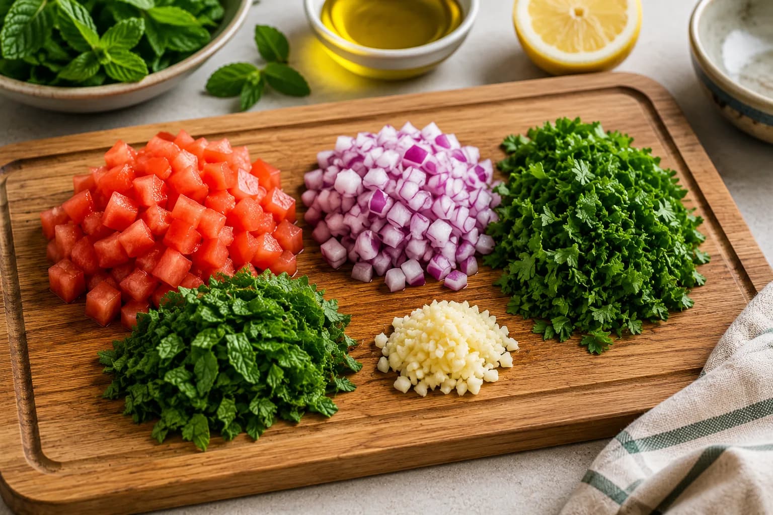 Tomato, red onion, parsley, mint, and garlic prepared for the roasted eggplant salad.