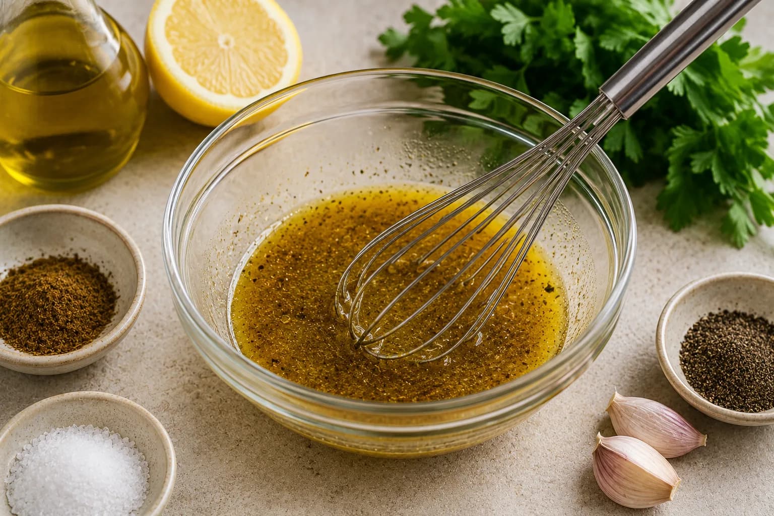 Lemon olive oil dressing with cumin being whisked for the roasted eggplant salad.