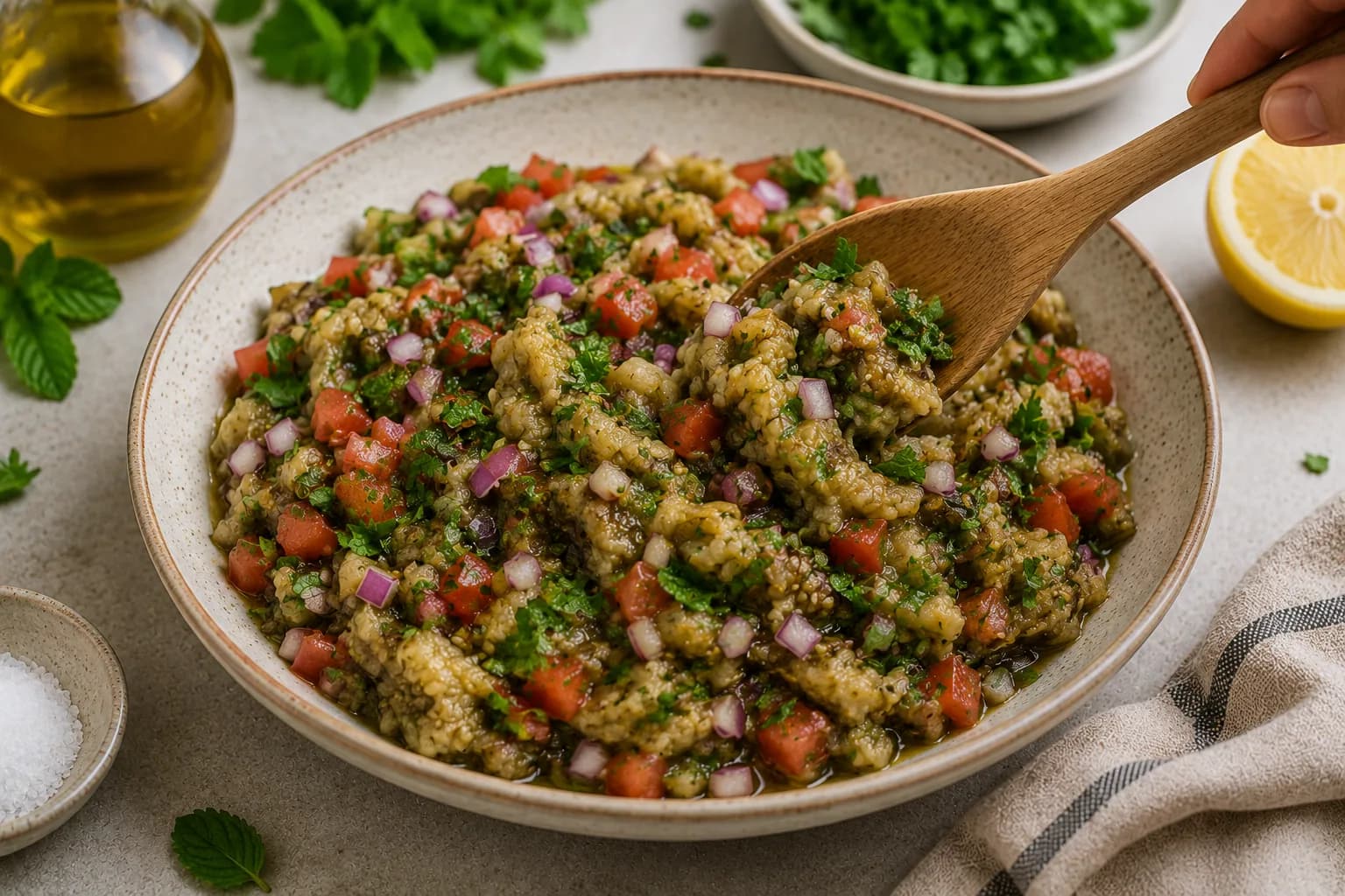 Finished roasted eggplant salad with tomatoes, herbs, garlic, and lemon dressing.