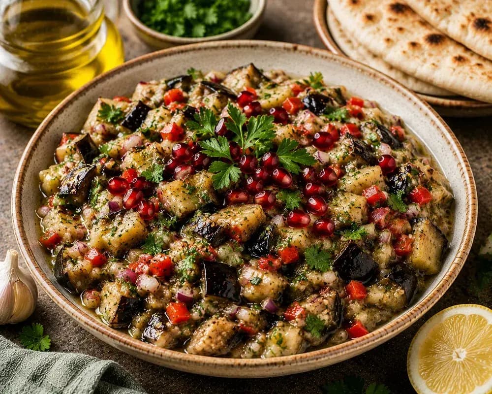 Roasted eggplant salad with tender eggplant, tomatoes, red onion, parsley, mint, garlic, lemon, and cumin.