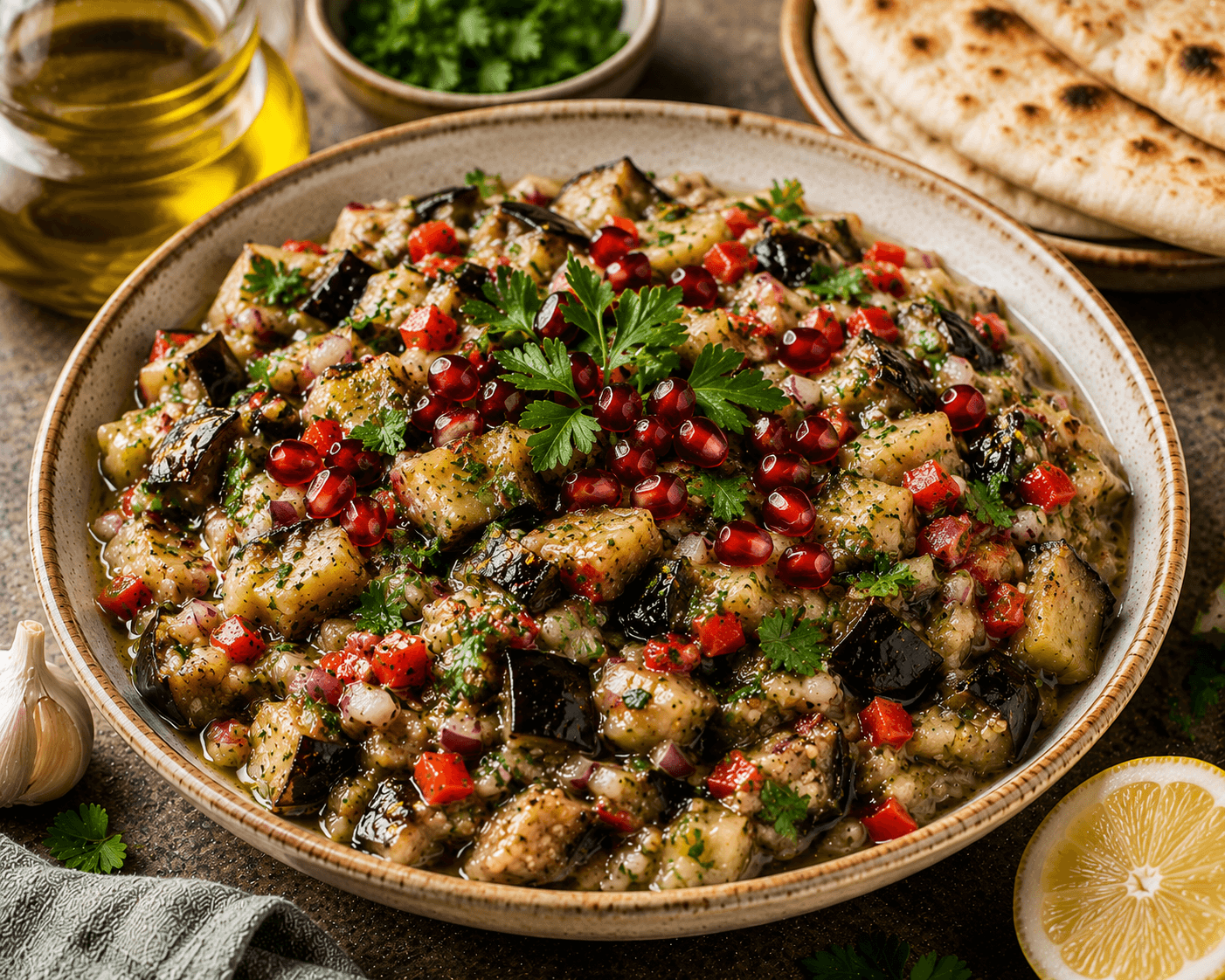 Roasted eggplant salad with tomatoes, parsley, mint, garlic and lemon dressing.