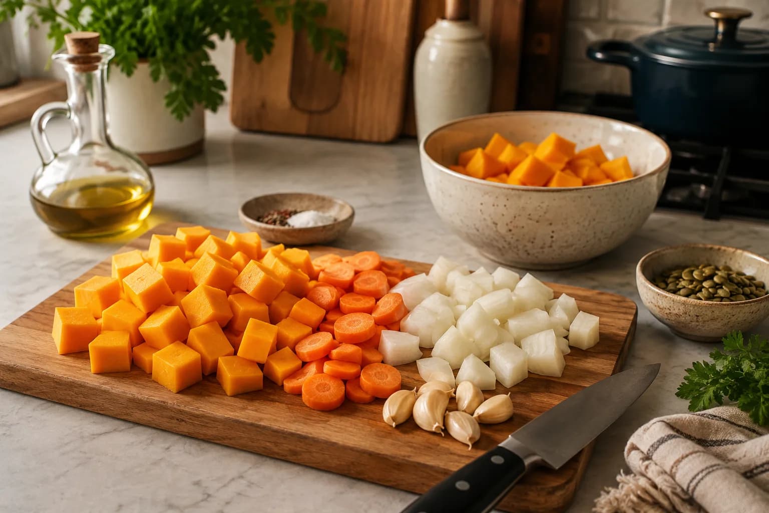 Fresh pumpkin cubes, carrots, onion, and garlic prepared on a baking tray in a stylish kitchen.