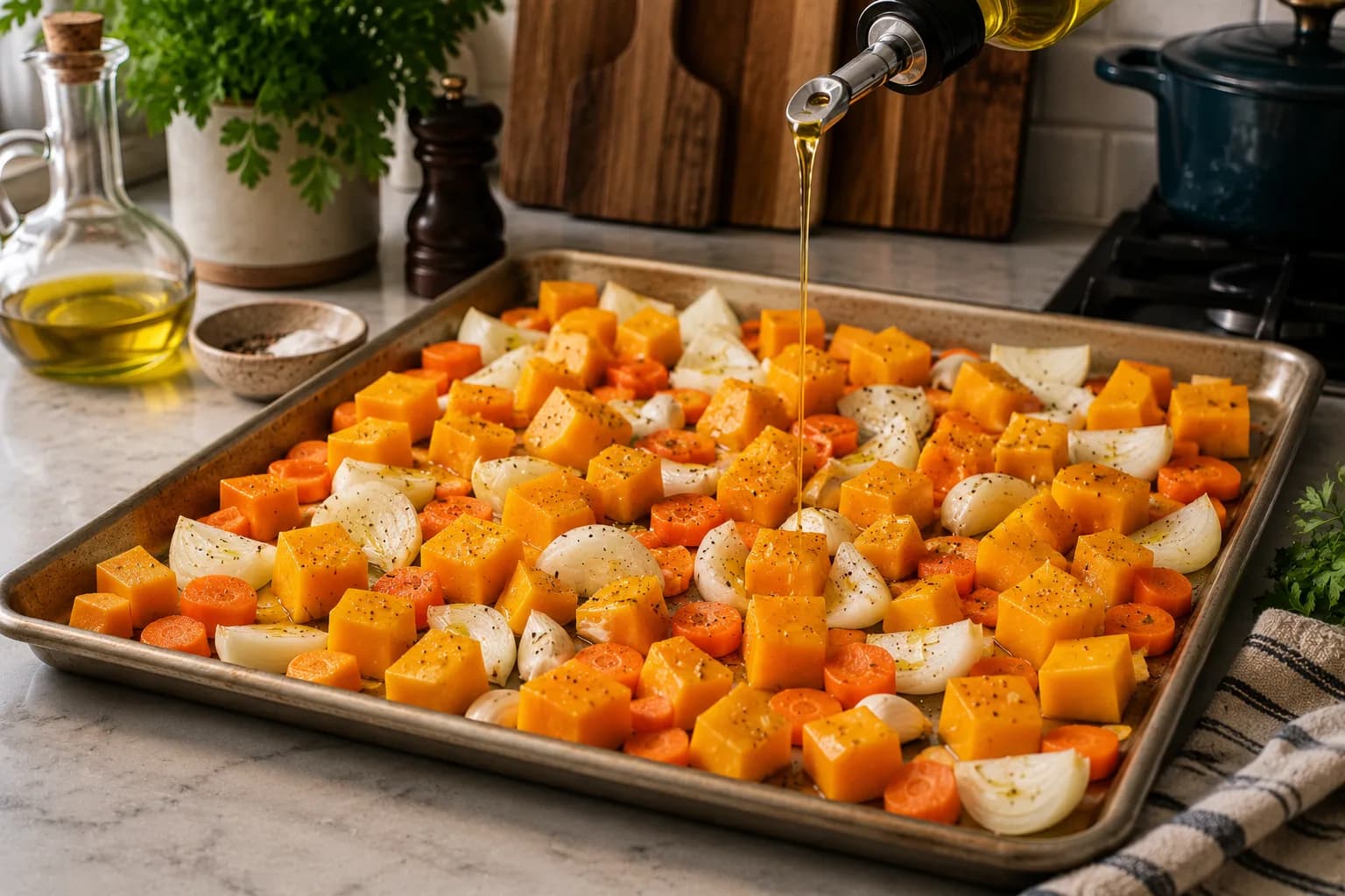 Pumpkin and vegetables being seasoned with olive oil, salt, and black pepper before roasting.