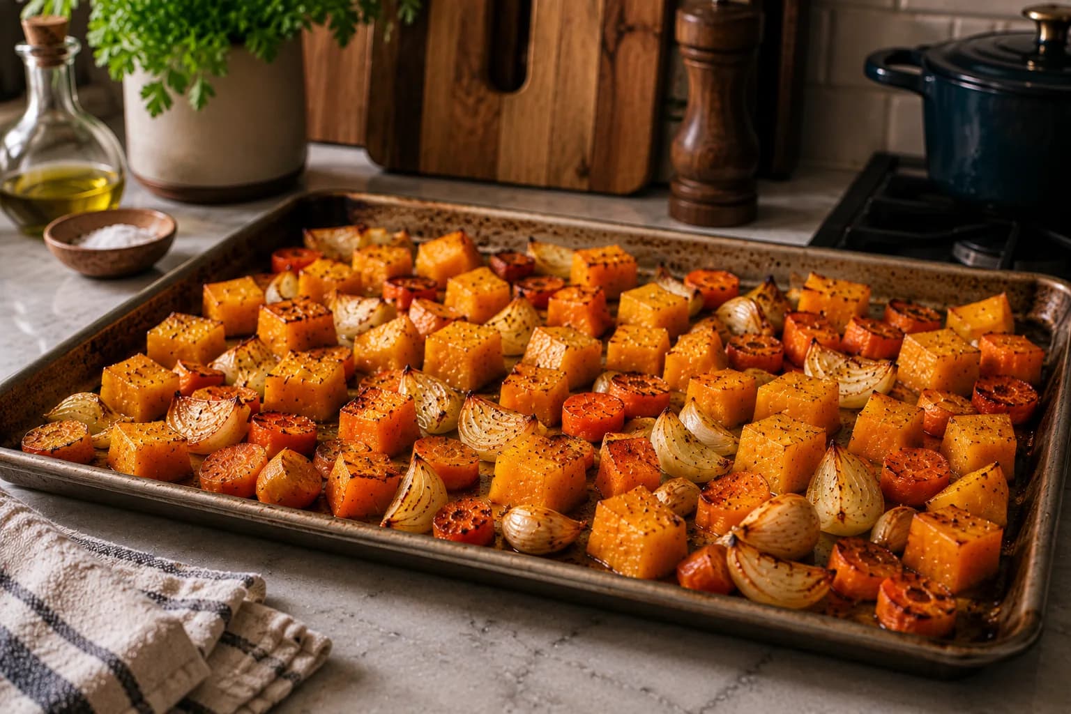 Roasted pumpkin, carrots, onion, and garlic with lightly caramelized golden-brown edges.
