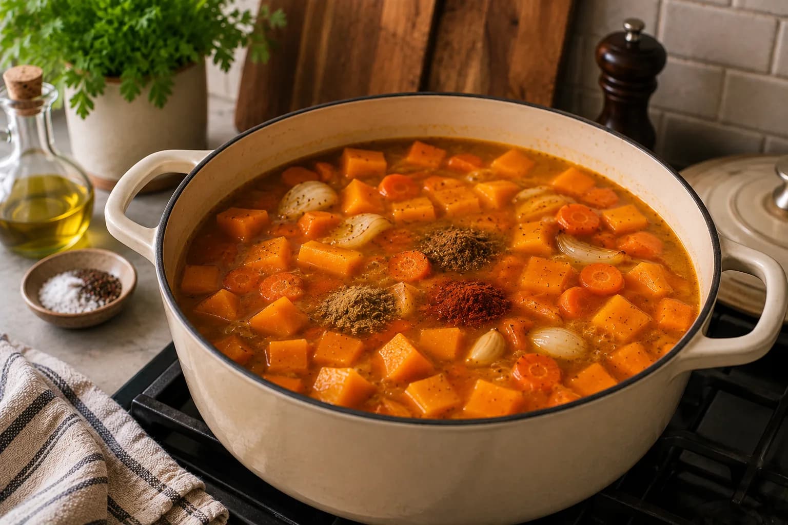 Roasted pumpkin and vegetables simmering gently with vegetable broth and warm Mediterranean spices.
