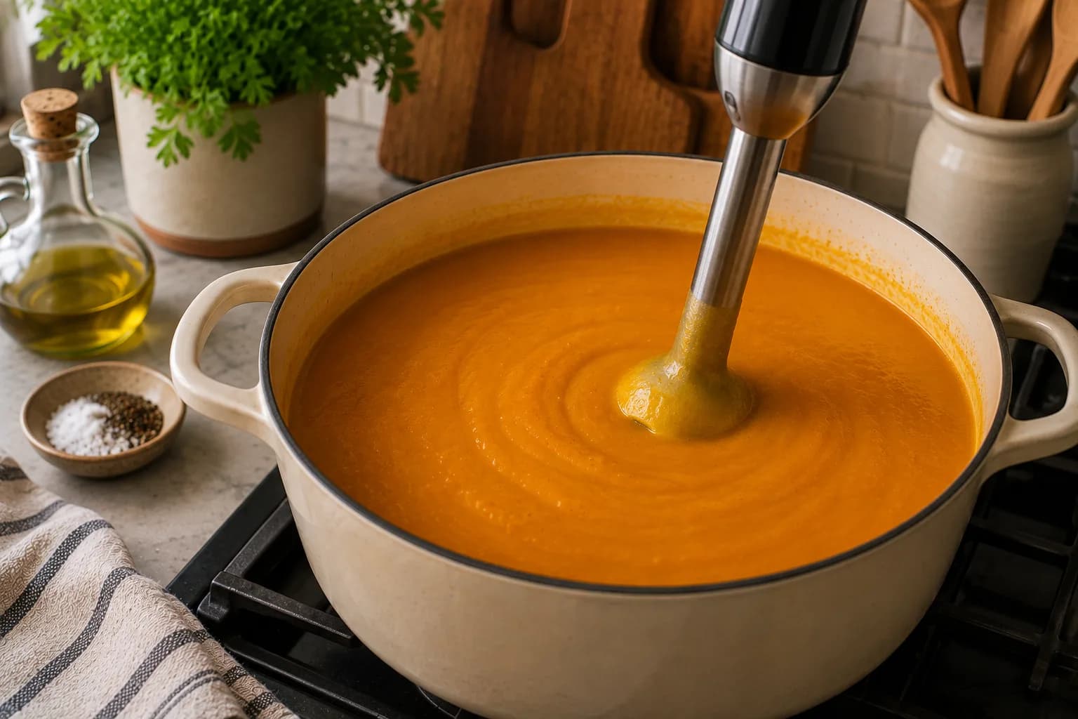 Silky orange pumpkin soup being blended until smooth in a stylish kitchen.