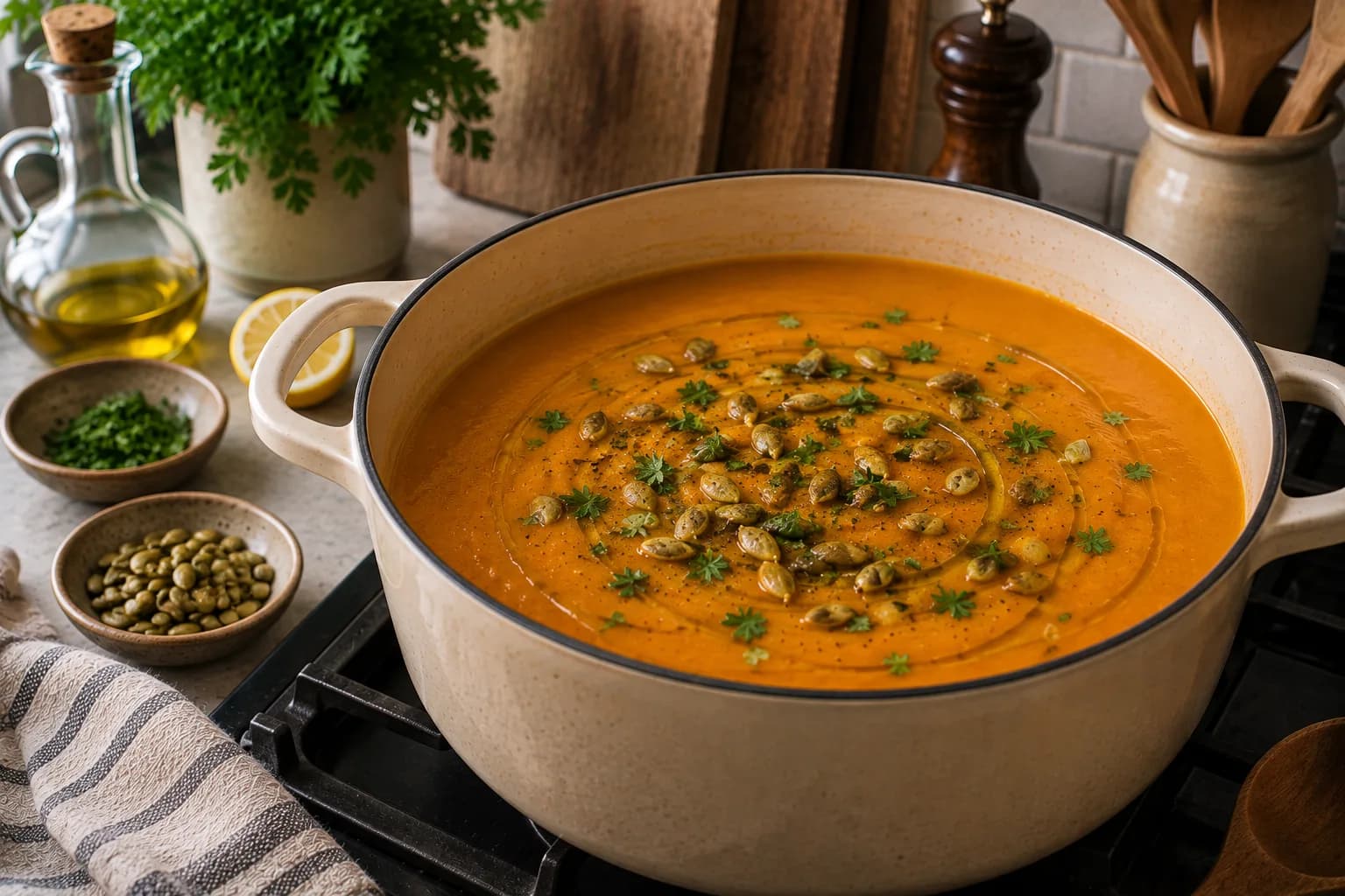 Finished roasted pumpkin soup garnished with parsley, pumpkin seeds, and extra virgin olive oil.