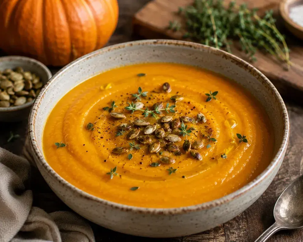 Silky roasted pumpkin soup garnished with fresh parsley, roasted pumpkin seeds, and extra virgin olive oil.