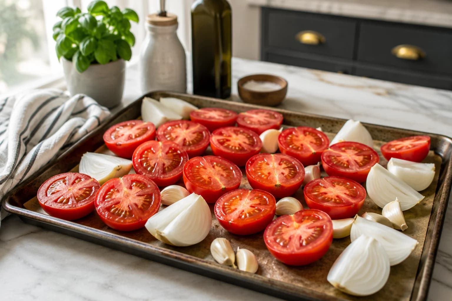Ripe tomatoes, onion quarters, and whole garlic cloves arranged naturally on a baking tray before roasting.