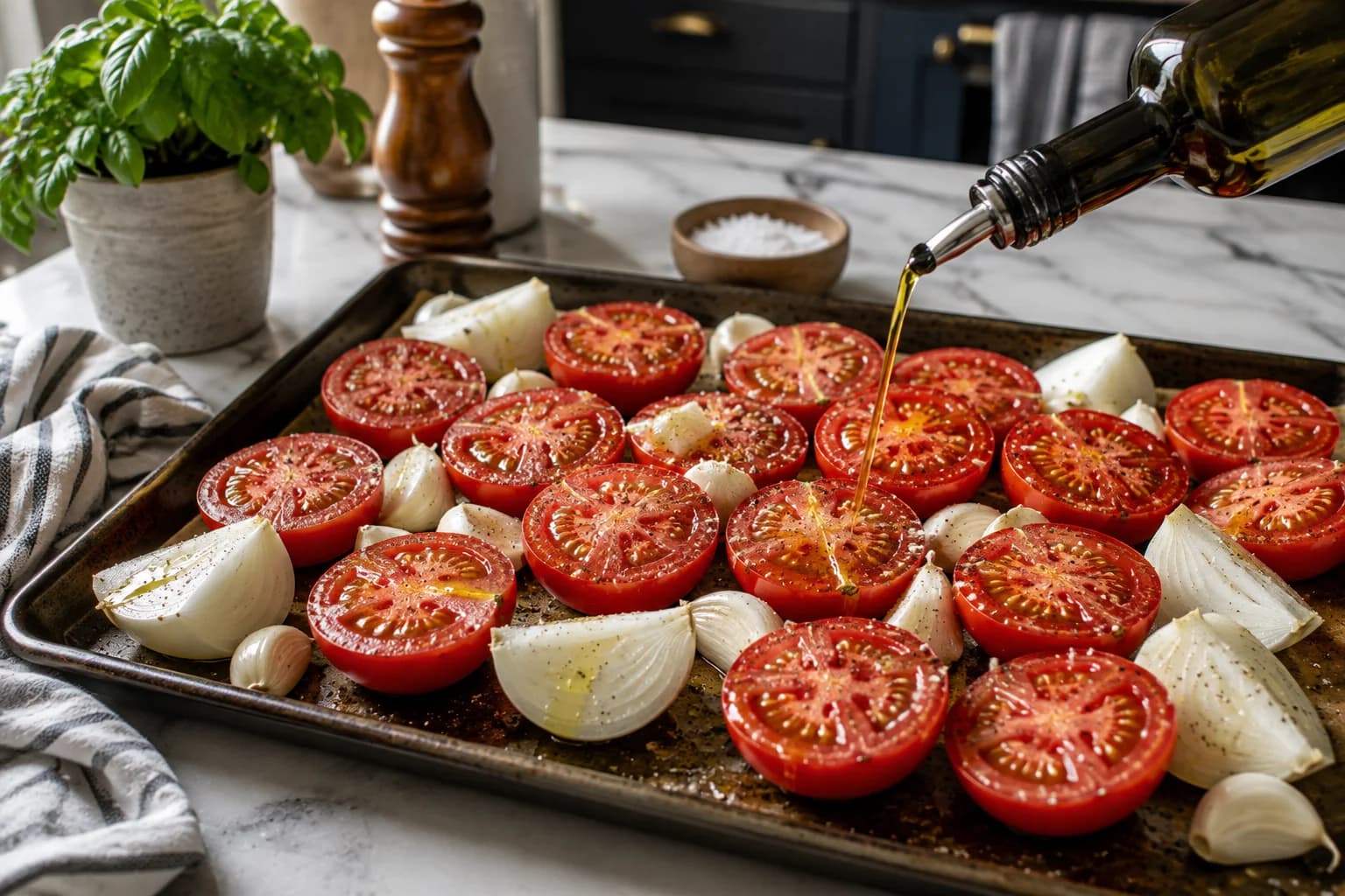 Tomatoes, onion, and garlic lightly coated with extra virgin olive oil, salt, and black pepper before roasting.