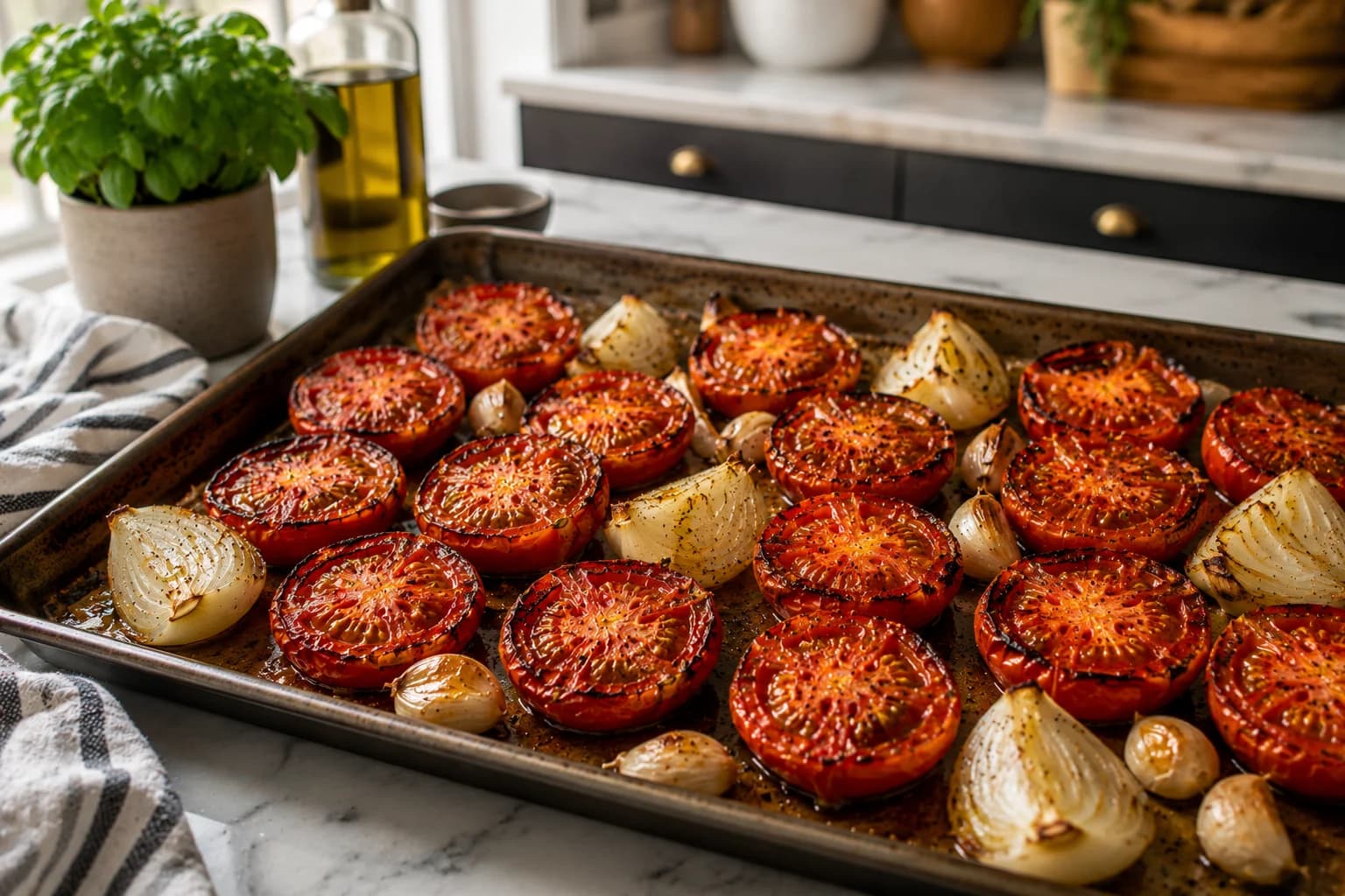 Roasted tomatoes, onion, and garlic showing softened tomatoes and lightly caramelized edges on a baking tray.