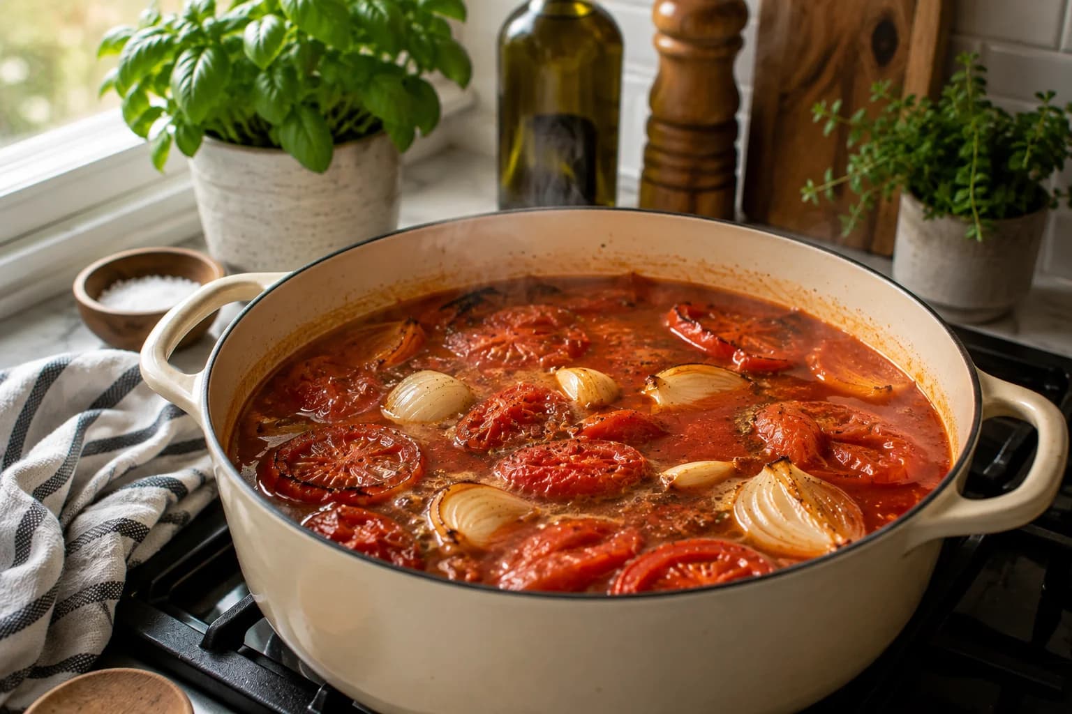 Roasted tomatoes, onion, and garlic simmering gently with vegetable broth and oregano in a large soup pot.