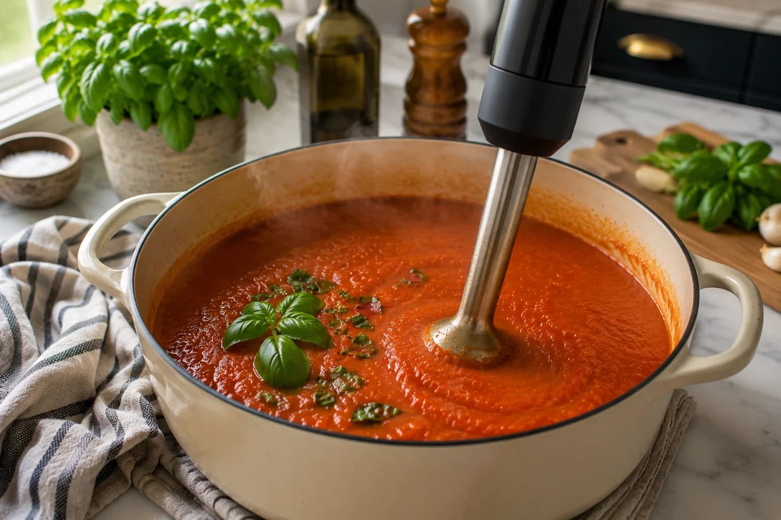 Deep red roasted tomato soup being blended with fresh basil until smooth and creamy without added cream.