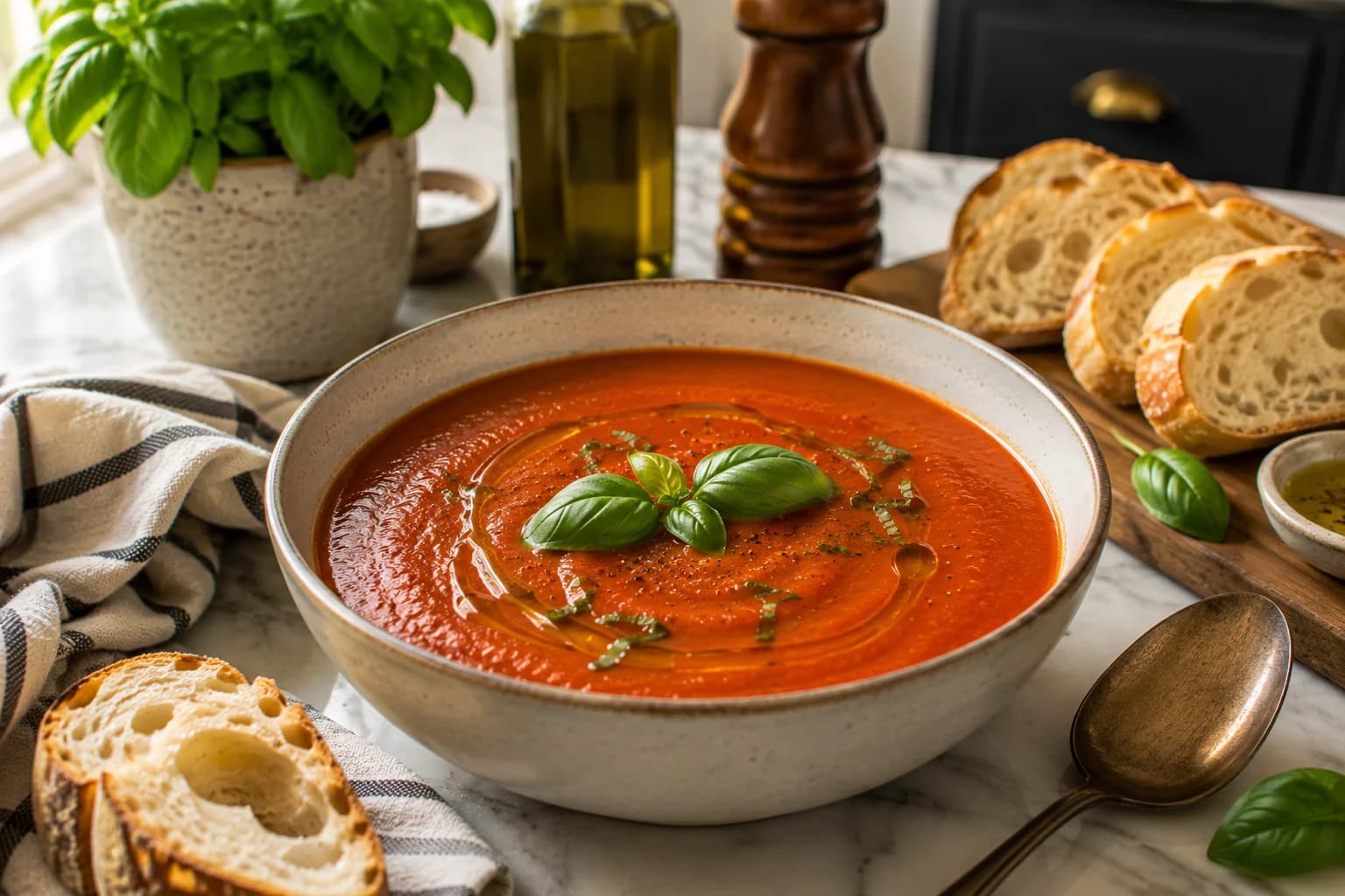Silky roasted tomato basil soup served naturally with fresh basil leaves, olive oil, and crusty bread.