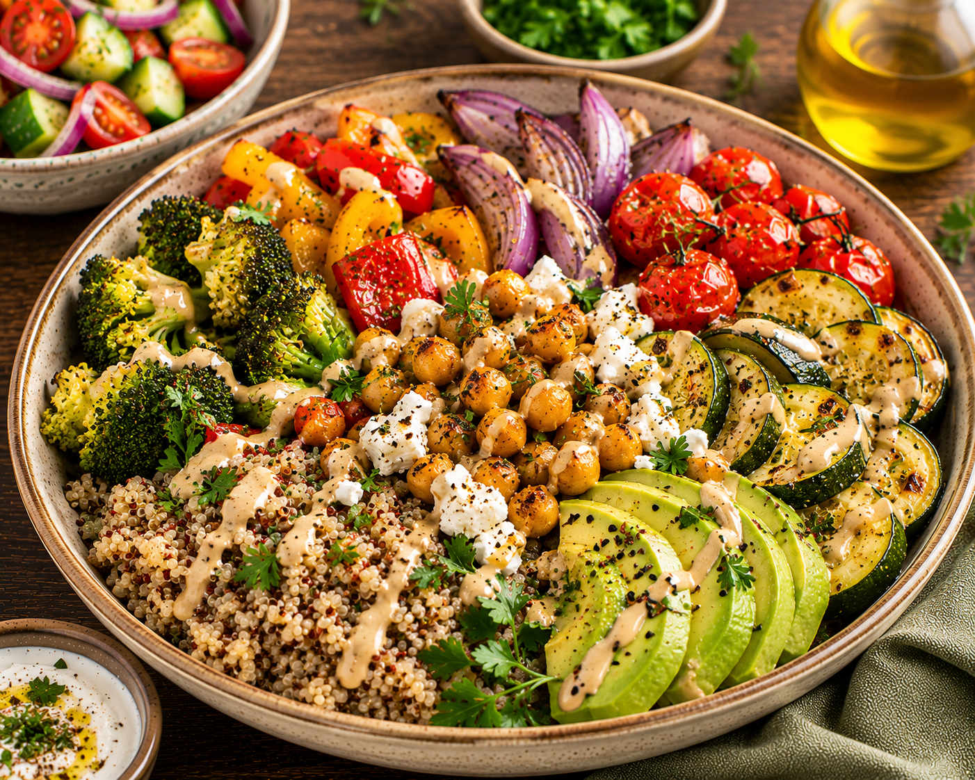 Mediterranean quinoa bowl with roasted zucchini, eggplant, bell peppers, chickpeas, parsley, and lemon dressing.