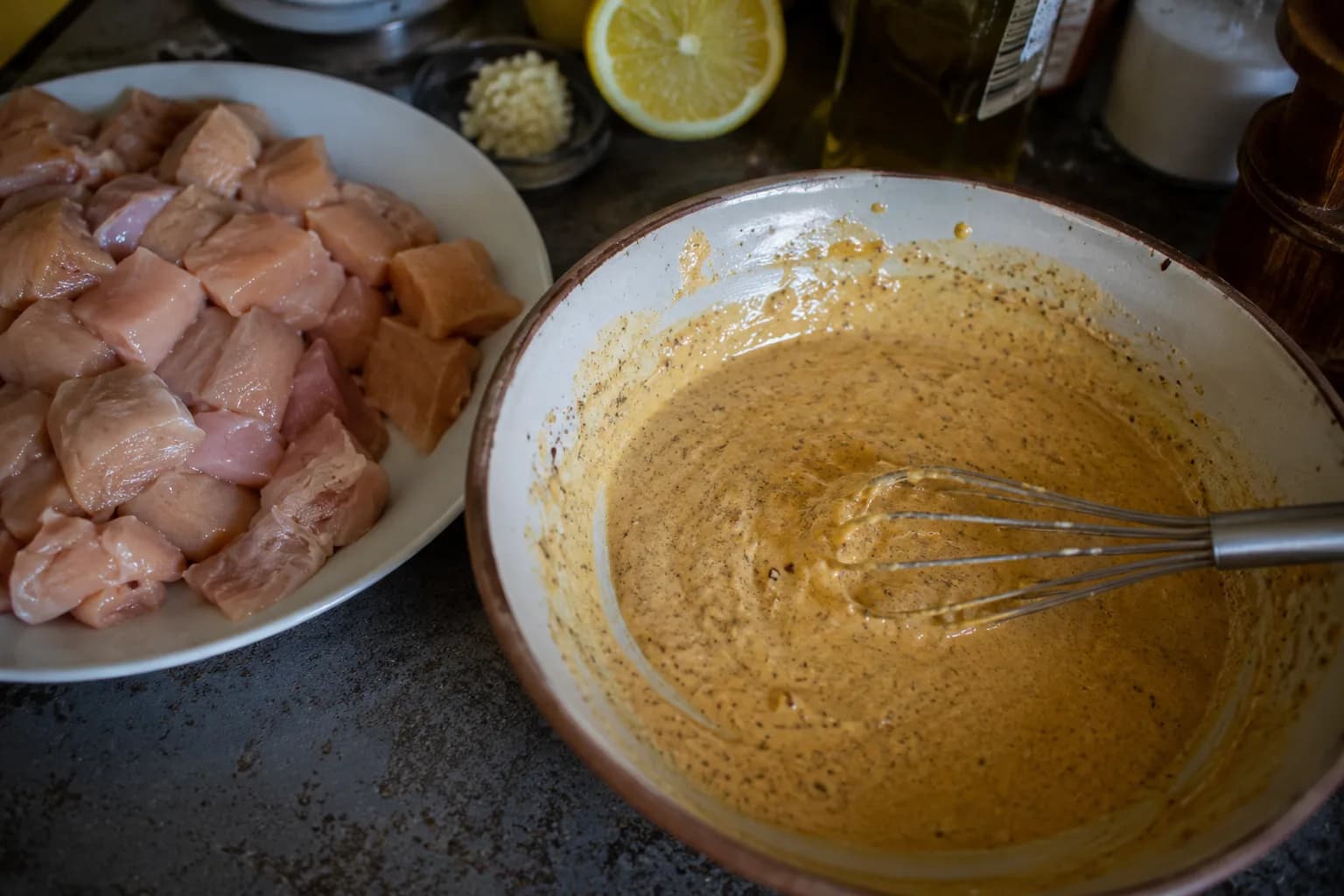 Evenly cut chicken cubes beside a bowl of creamy yogurt, lemon, garlic, tomato paste, and spice marinade.