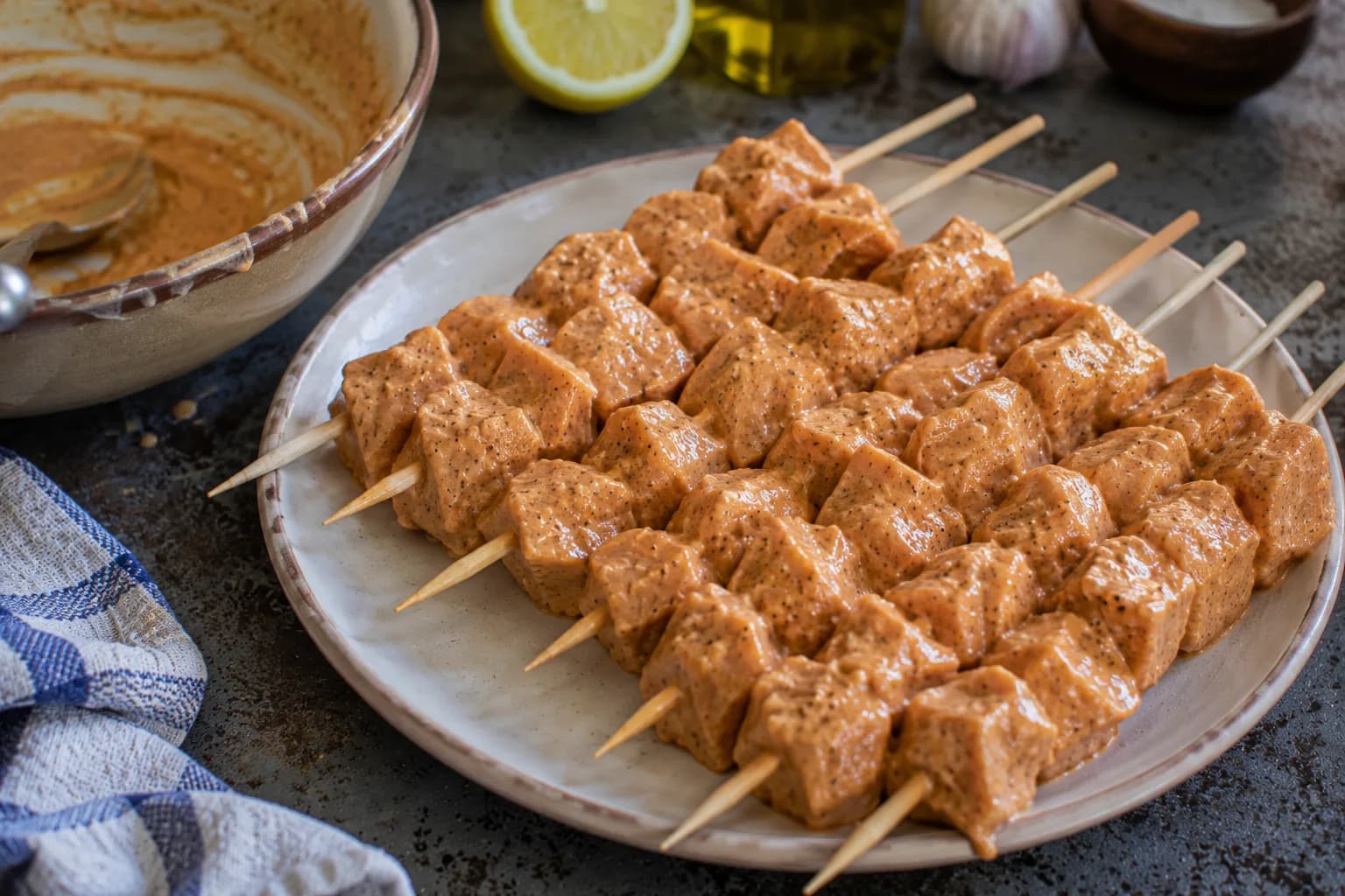 Marinated chicken cubes threaded evenly onto skewers with small gaps between pieces.
