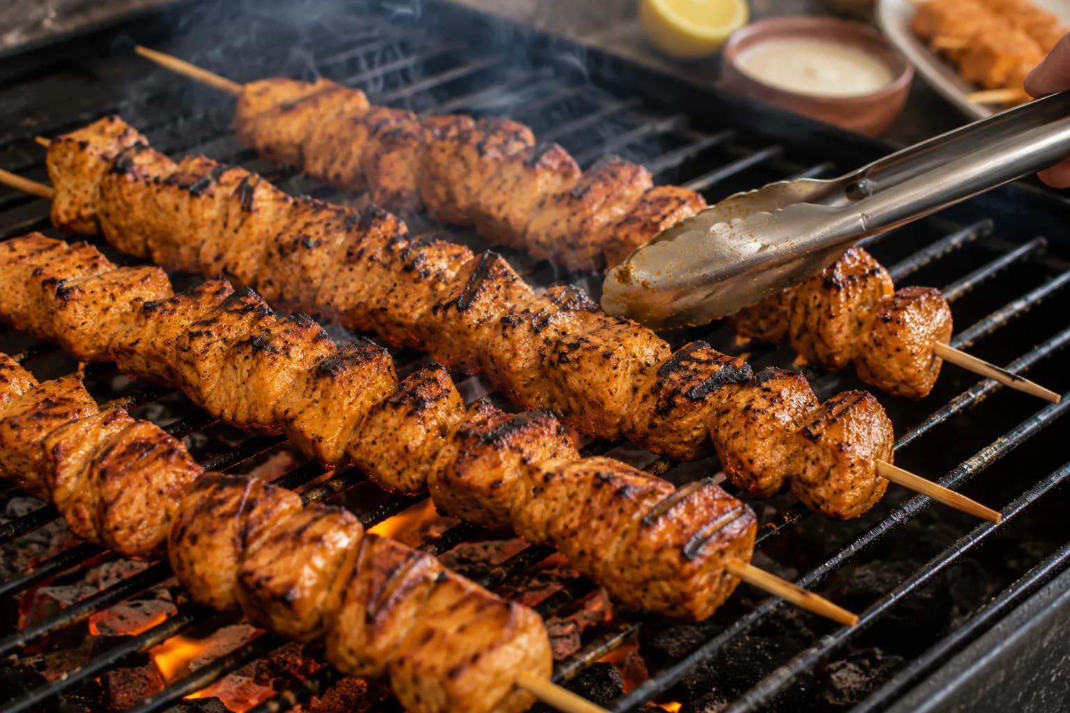 Shish Tawook chicken skewers grilling with golden-brown and lightly charred edges.