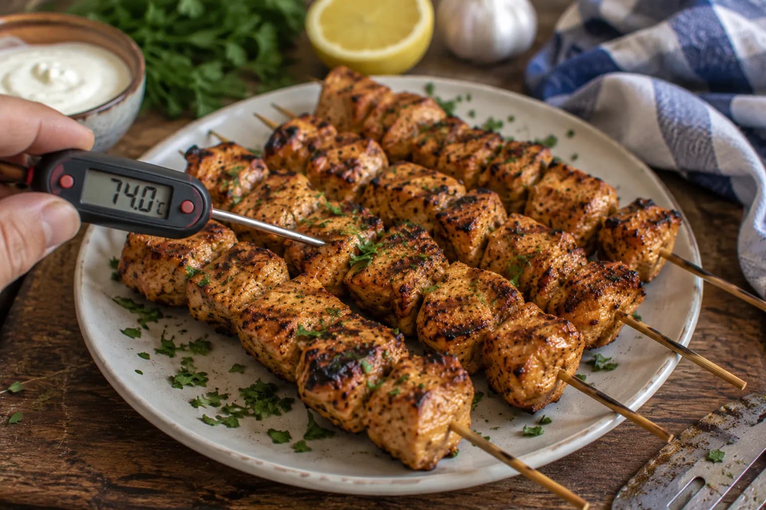 Cooked Shish Tawook skewers resting on a clean plate with fresh parsley.