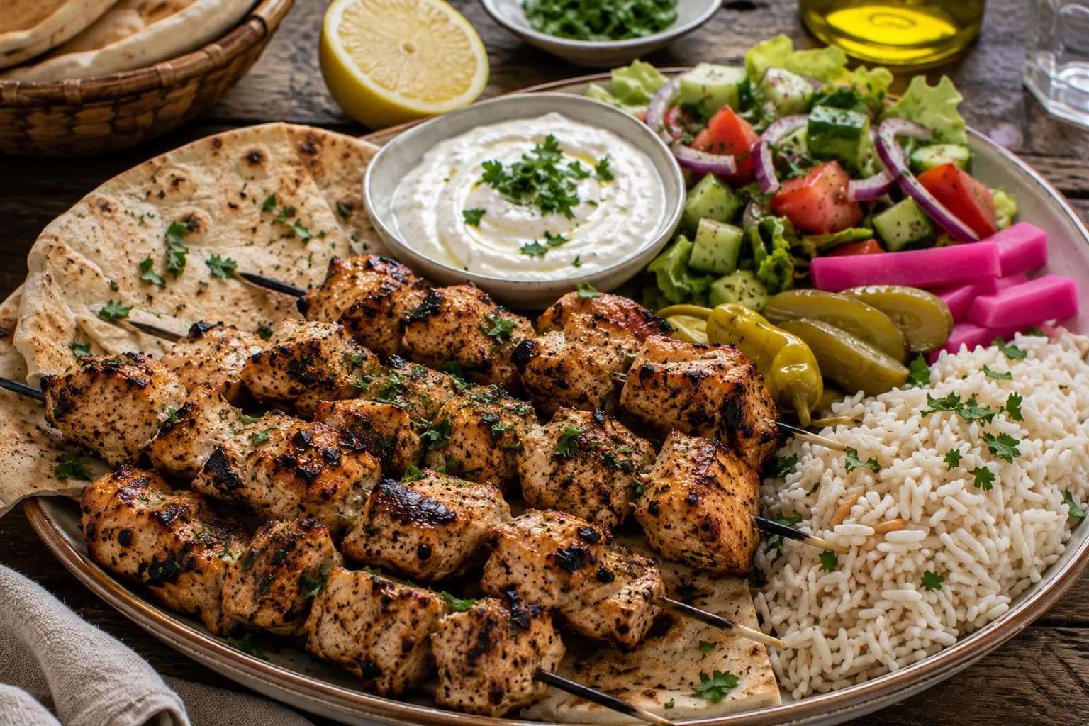 Lebanese Shish Tawook served with garlic sauce, warm pita, grilled vegetables, pickles, and fresh parsley.