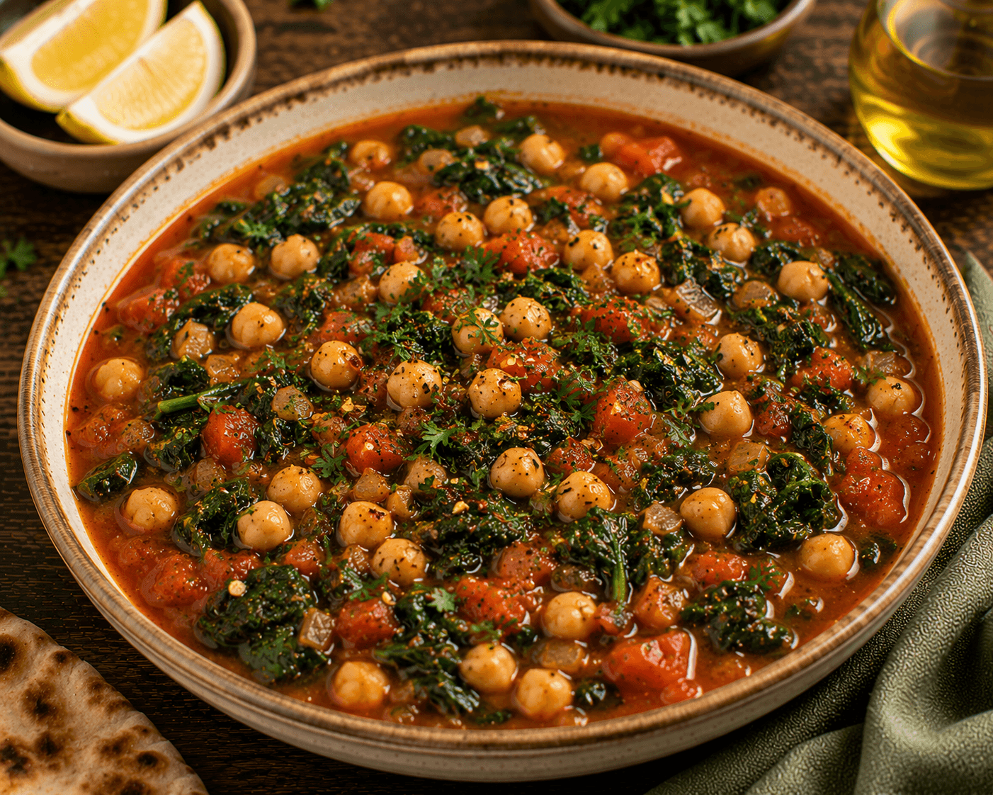 Mediterranean spinach and chickpea stew served in a bowl with parsley and lemon wedges.