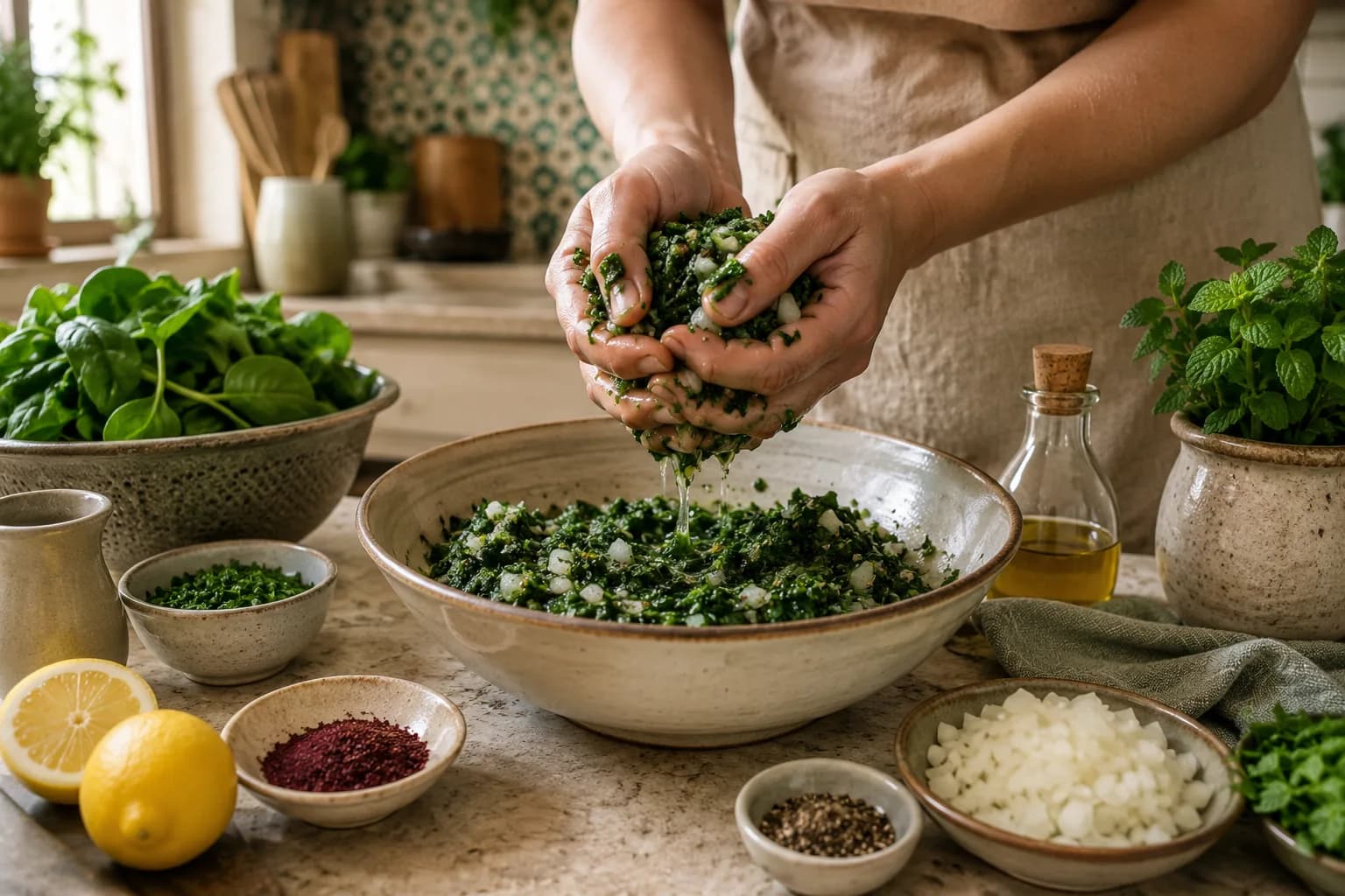 Fresh spinach and herbs being prepared for Lebanese fatayer in a natural stylish Mediterranean kitchen.