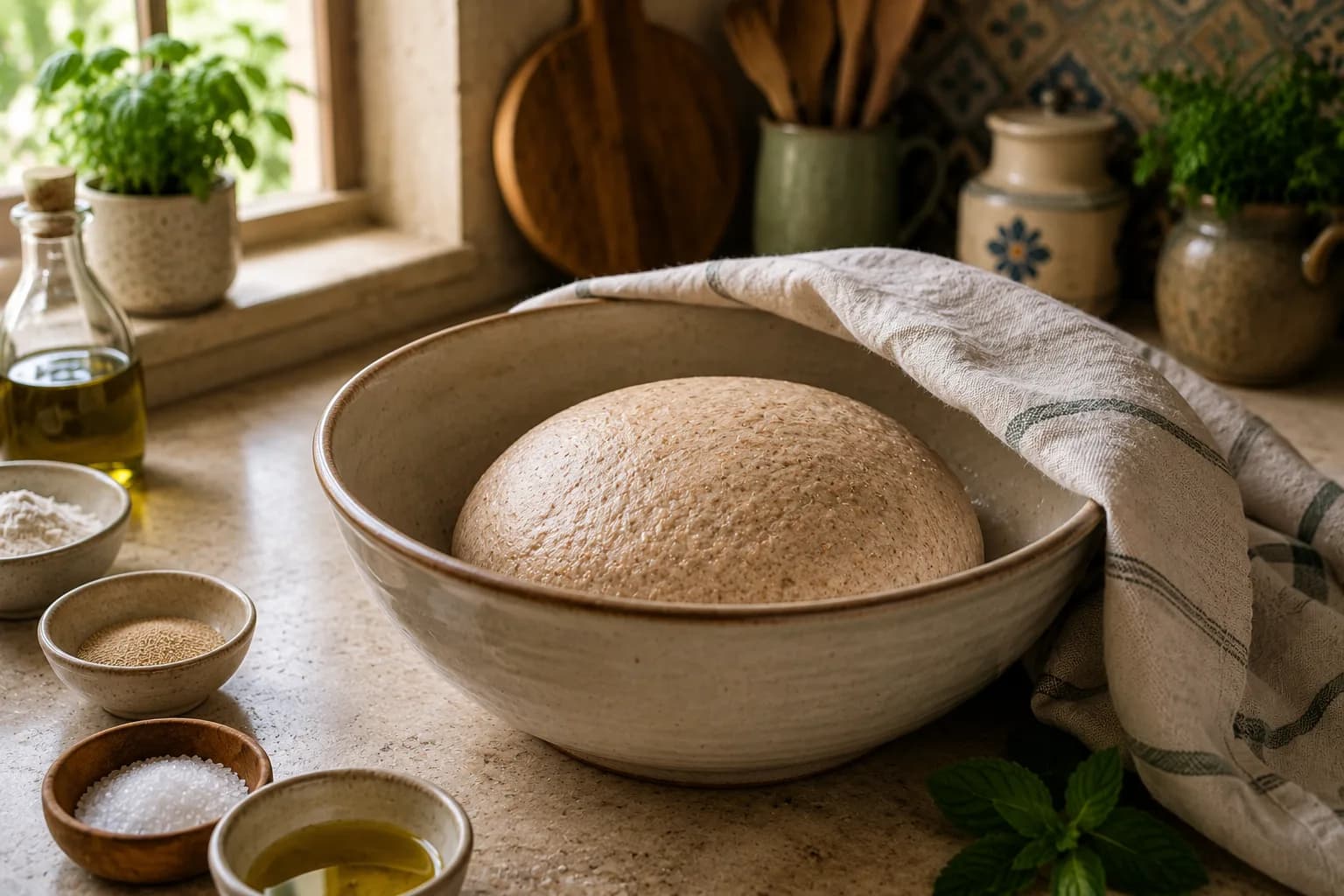 Soft whole wheat dough resting in a bowl in a natural stylish Lebanese-inspired kitchen.