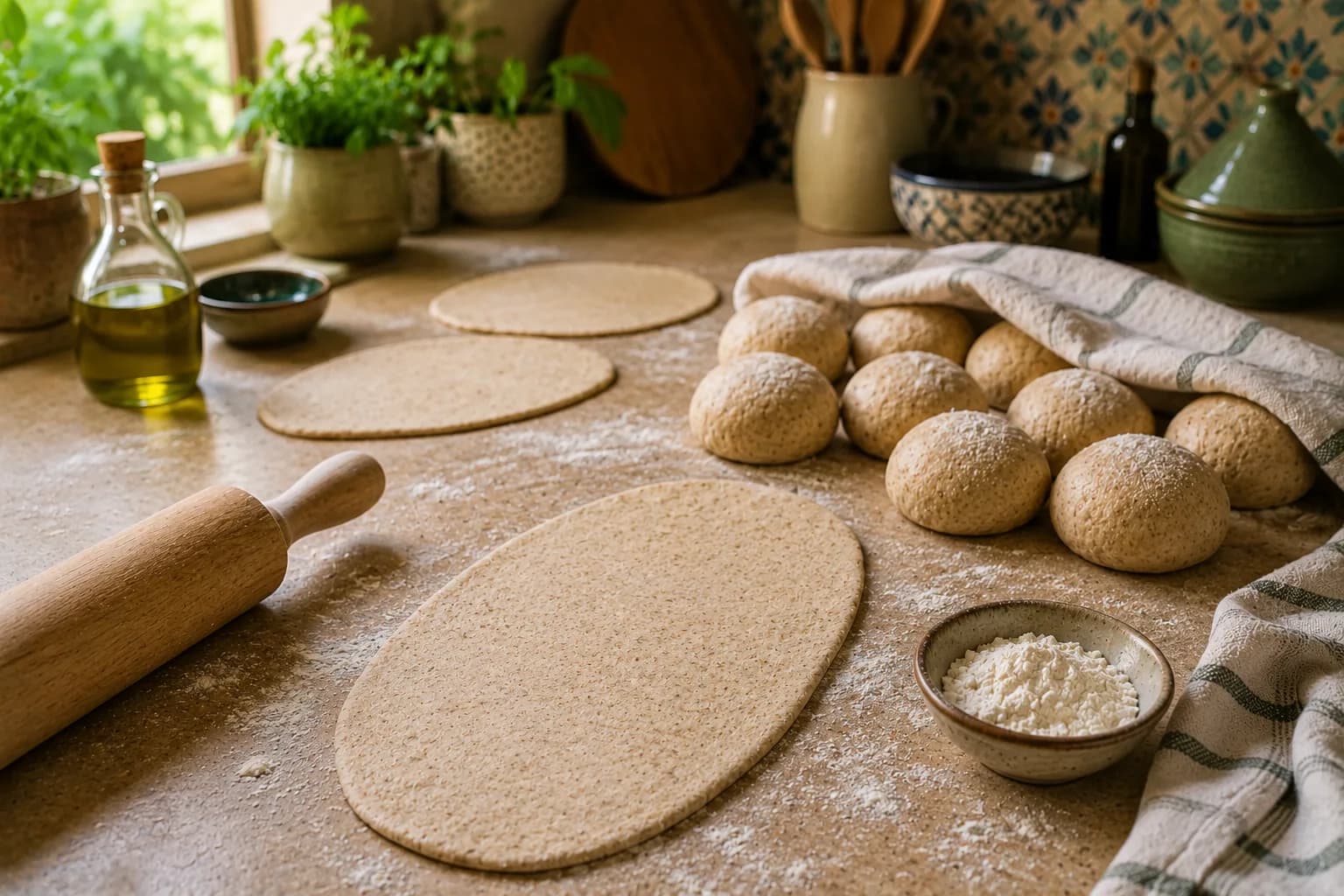 Large oval pieces of soft dough being rolled for Lebanese boat-shaped spinach fatayer in a stylish kitchen.