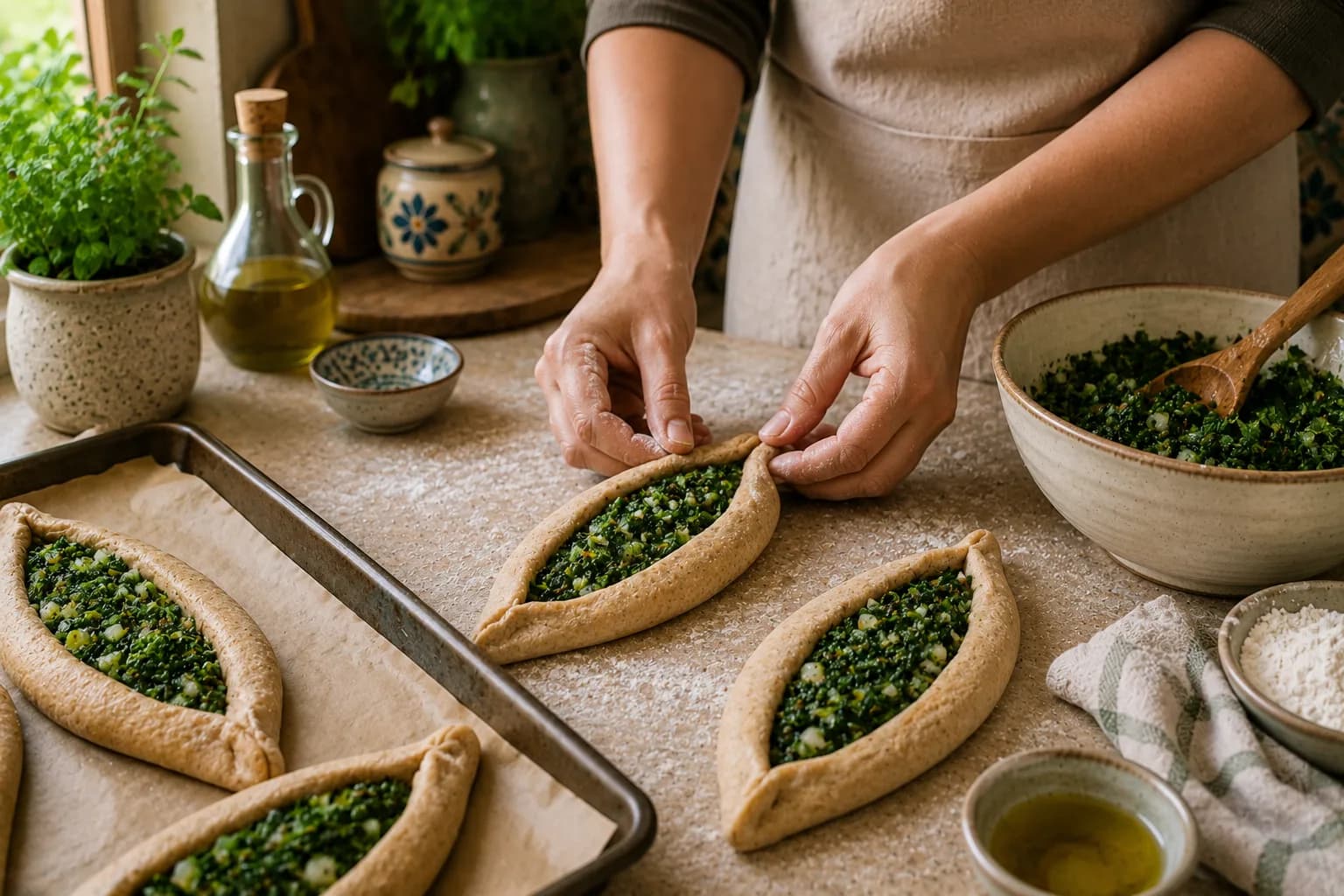 Large open boat-shaped Lebanese spinach fatayer being filled and pinched naturally in a stylish Mediterranean kitchen.