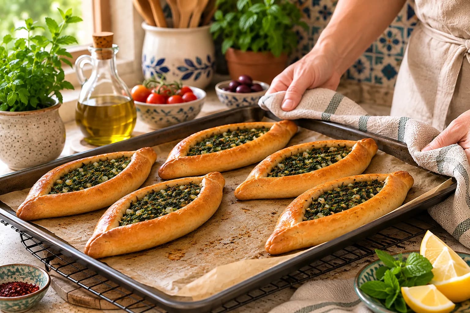 Large open spinach fatayer baking on a parchment-lined tray in a warm stylish Mediterranean kitchen.