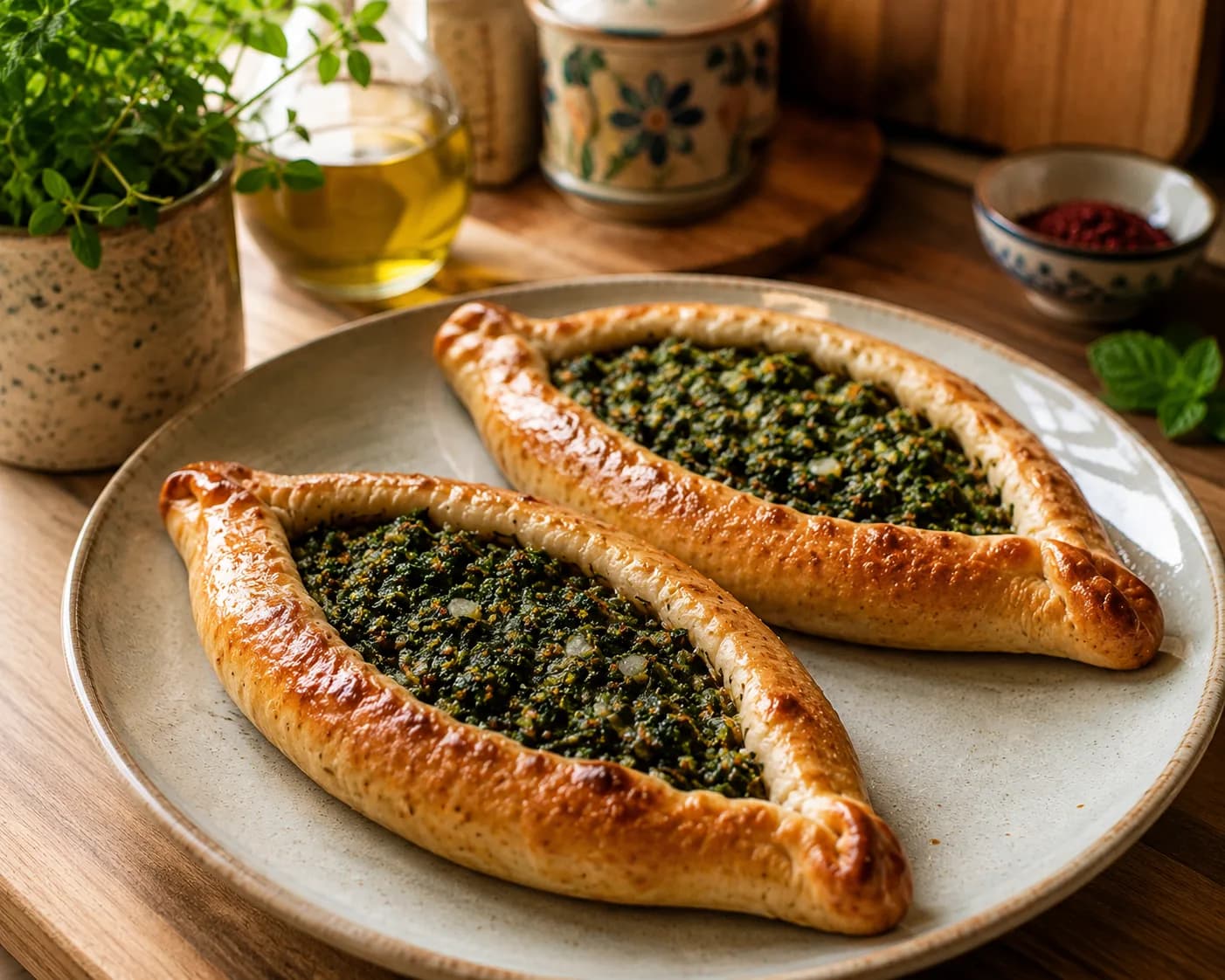 Large open boat-shaped Lebanese spinach fatayer with visible spinach filling and golden baked edges arranged naturally on a serving platter.