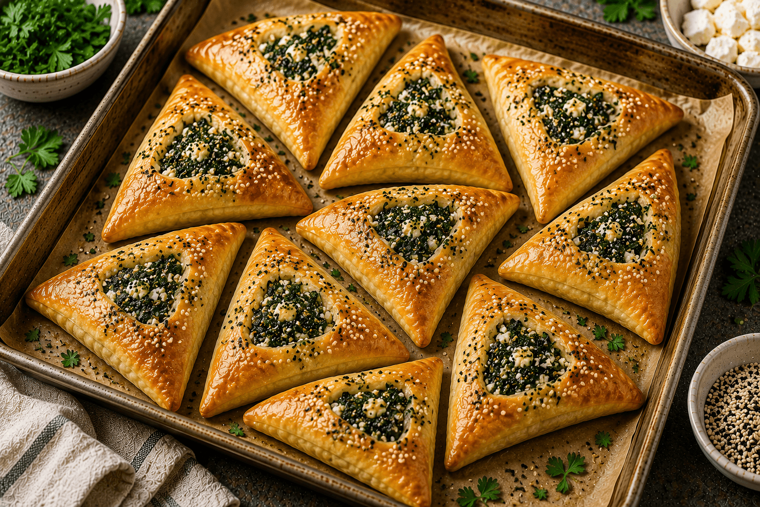 Golden baked Lebanese spinach fatayer arranged on a serving platter with fresh parsley and lemon wedges.