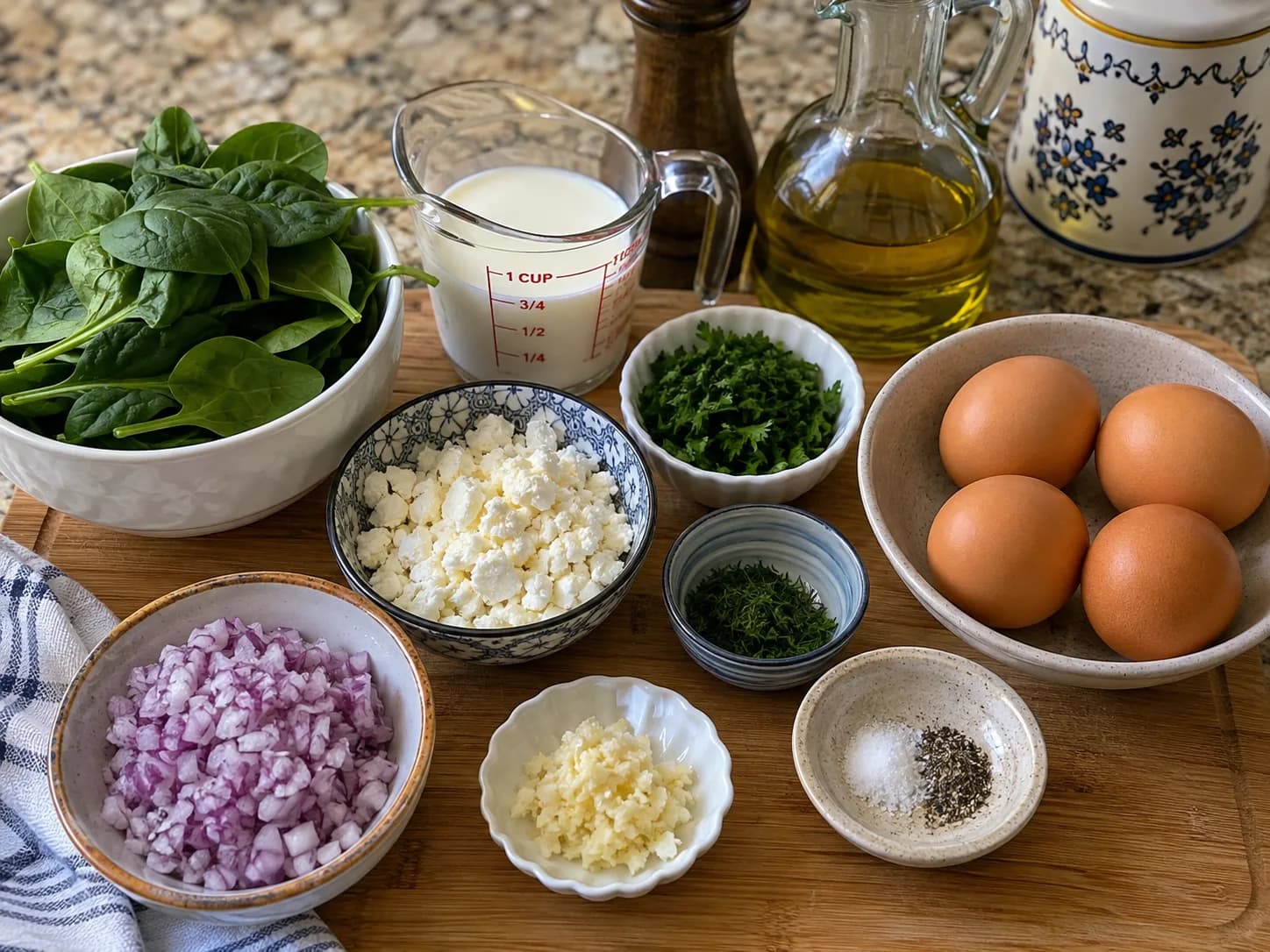 Eggs and prepared spinach, onion, garlic, feta, and herbs arranged for a spinach and feta omelette.