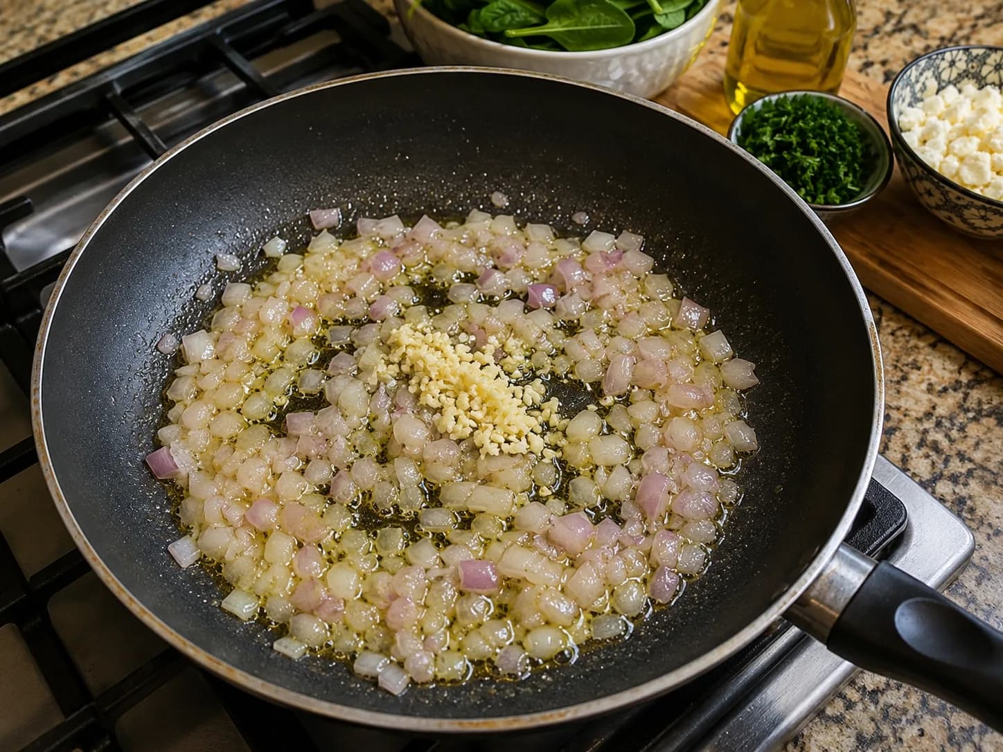 Diced onion and minced garlic being gently cooked in olive oil in a skillet for a spinach and feta omelette.
