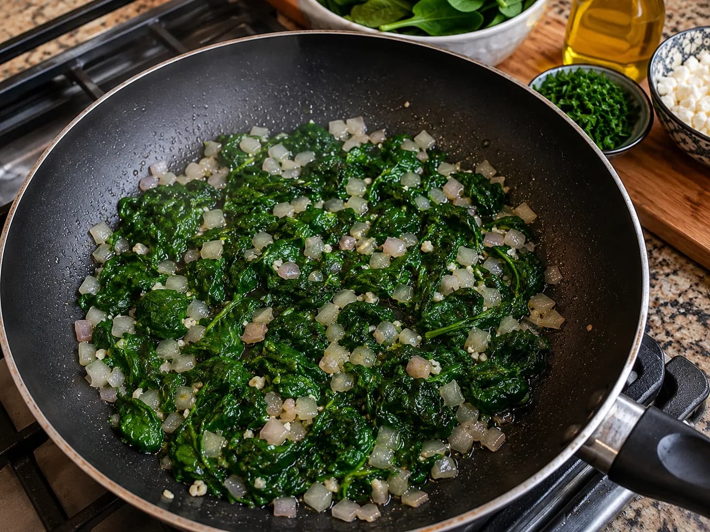 Fresh spinach wilting in a skillet with onion and garlic before eggs are added to make an omelette.