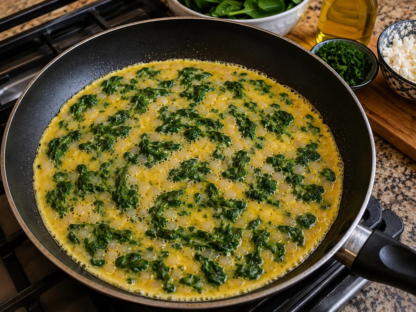 Seasoned eggs being poured over cooked spinach and onion in a skillet to make a spinach and feta omelette.