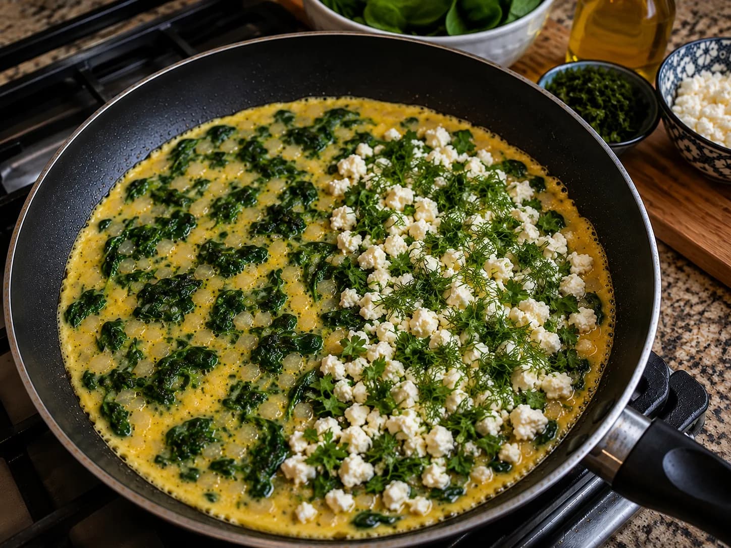 Crumbled feta, parsley, and dill being added to one half of a partially set spinach omelette.