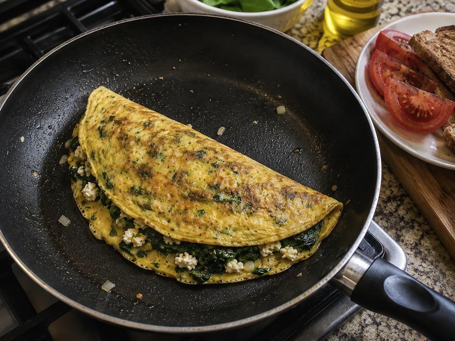 Finished spinach and feta omelette folded neatly on a plate with cherry tomatoes and whole grain toast.