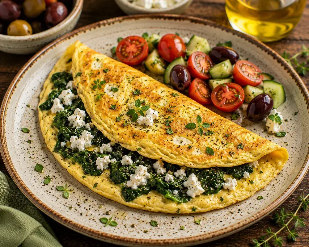 Golden spinach and feta omelette filled with tender spinach and crumbled feta, served with cherry tomatoes and whole grain toast.