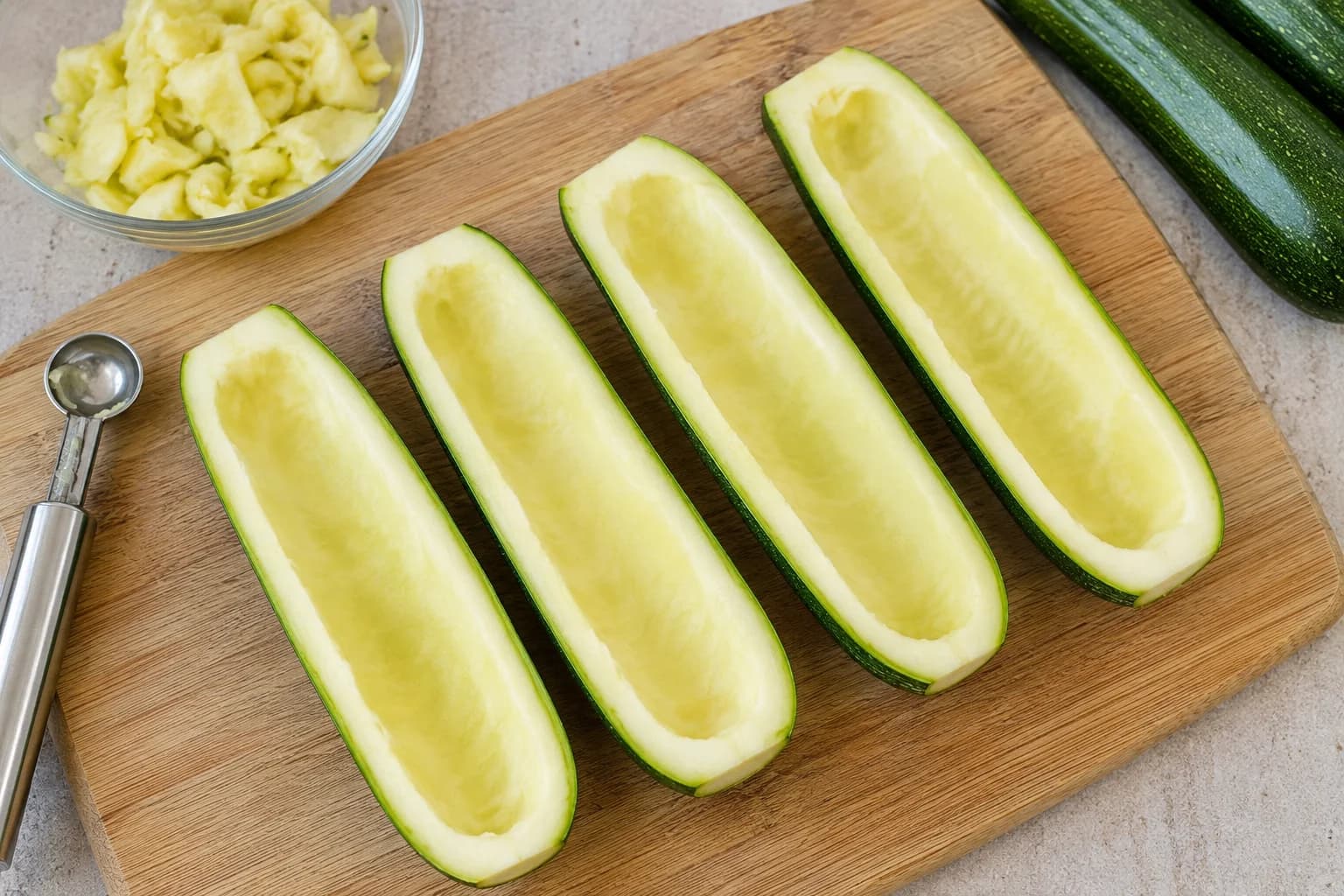 Fresh zucchini sliced lengthwise and hollowed out to create sturdy zucchini boats.