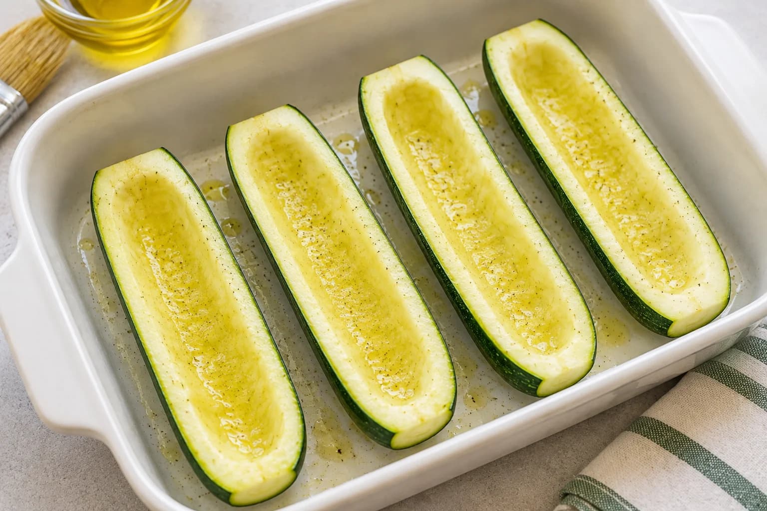 Zucchini boats lightly brushed with olive oil and partially baked until slightly tender.