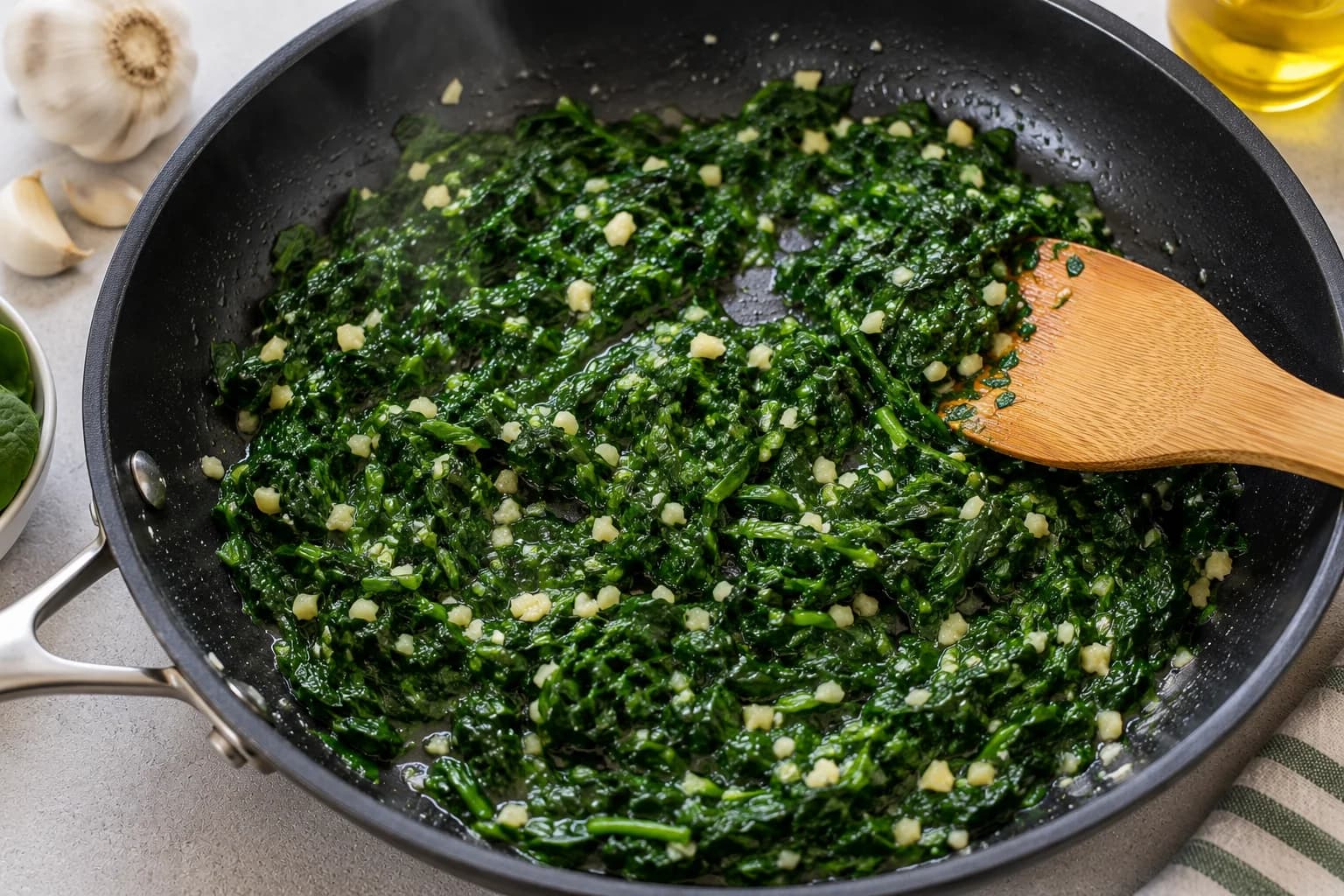 Chopped spinach cooking with minced garlic in a skillet for the zucchini boat filling.