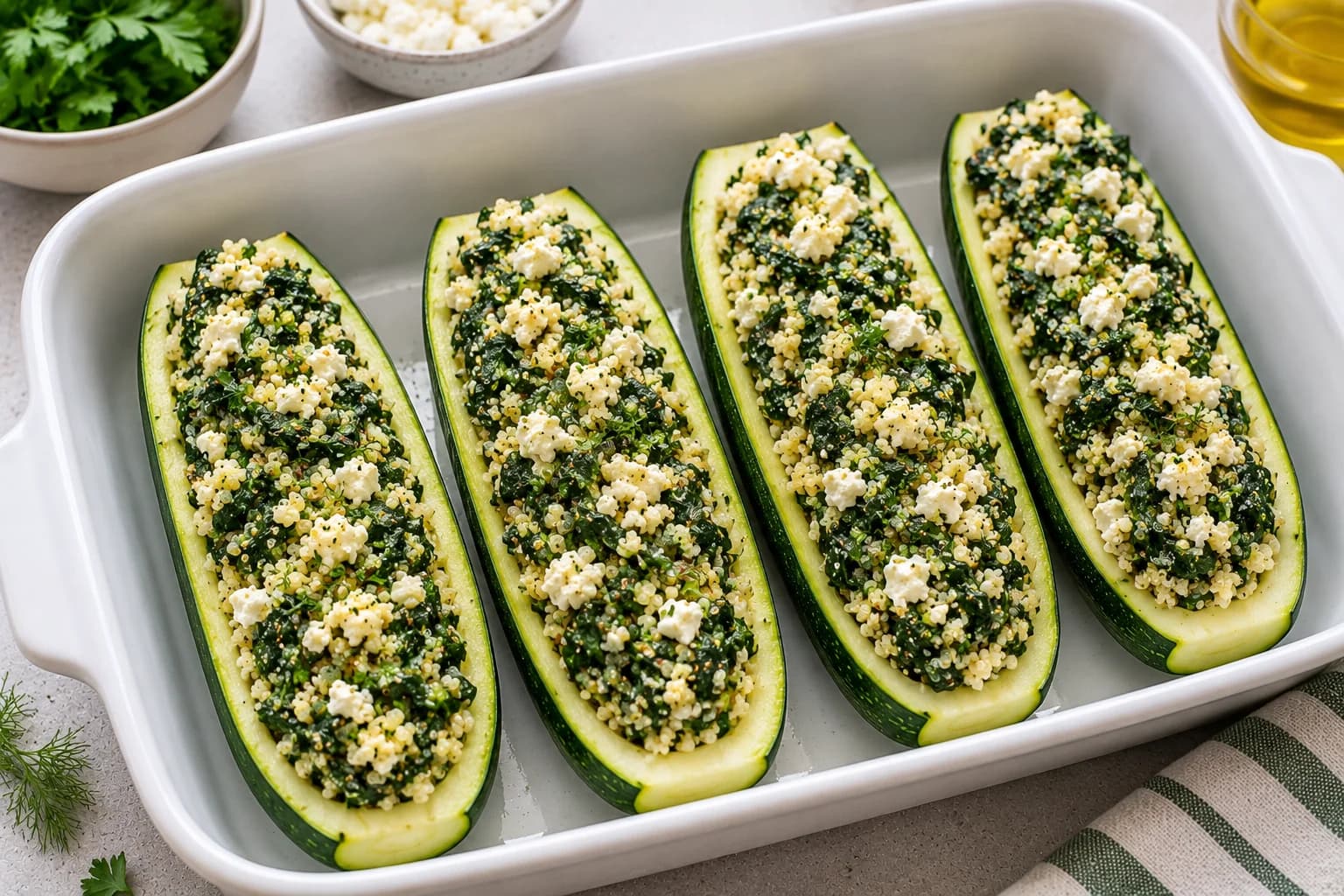 Partially baked zucchini boats generously filled with spinach, quinoa, feta, and herb filling.