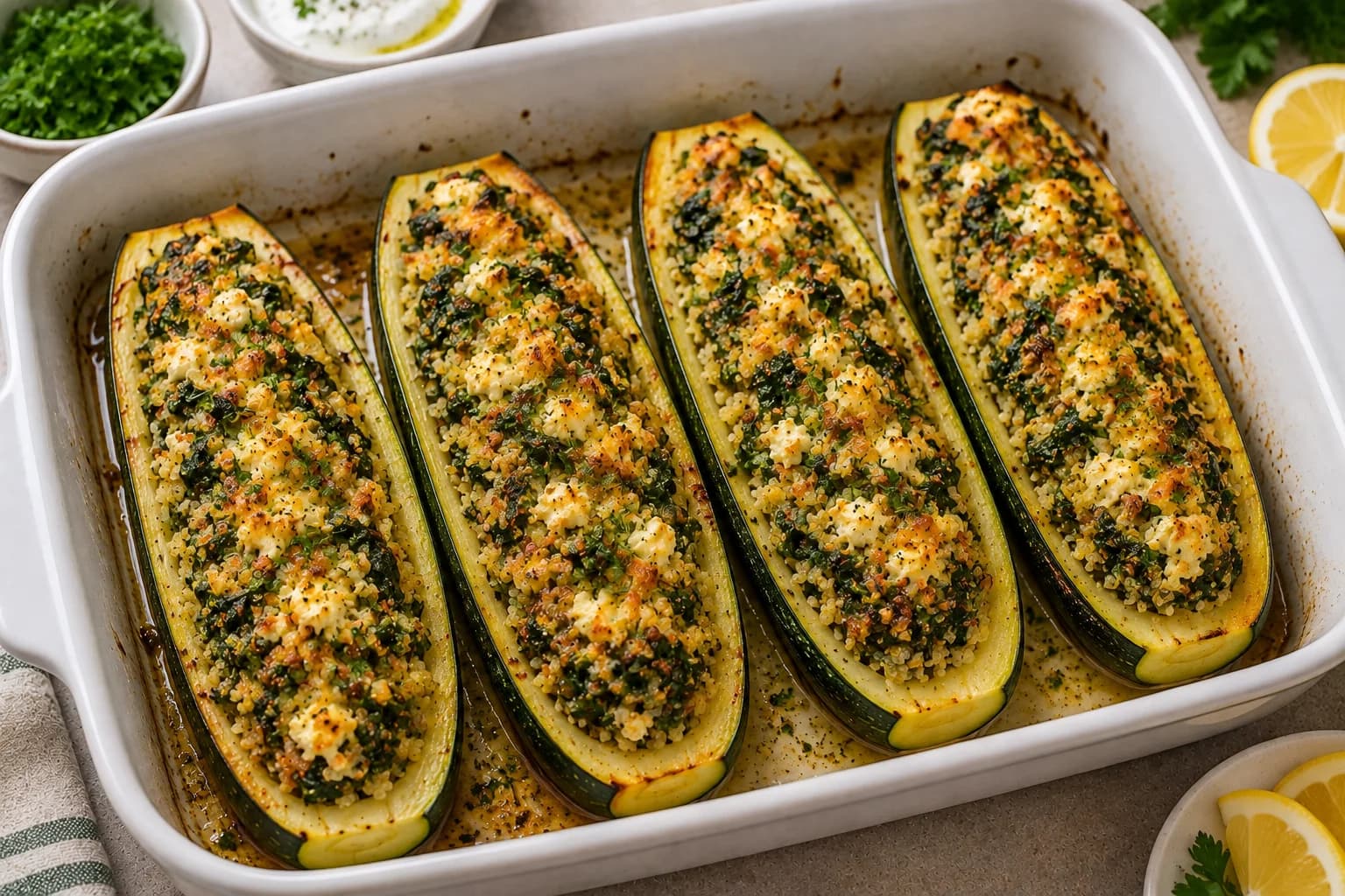 Finished golden zucchini boats filled with spinach, quinoa, feta, herbs, and Parmesan, ready to serve.