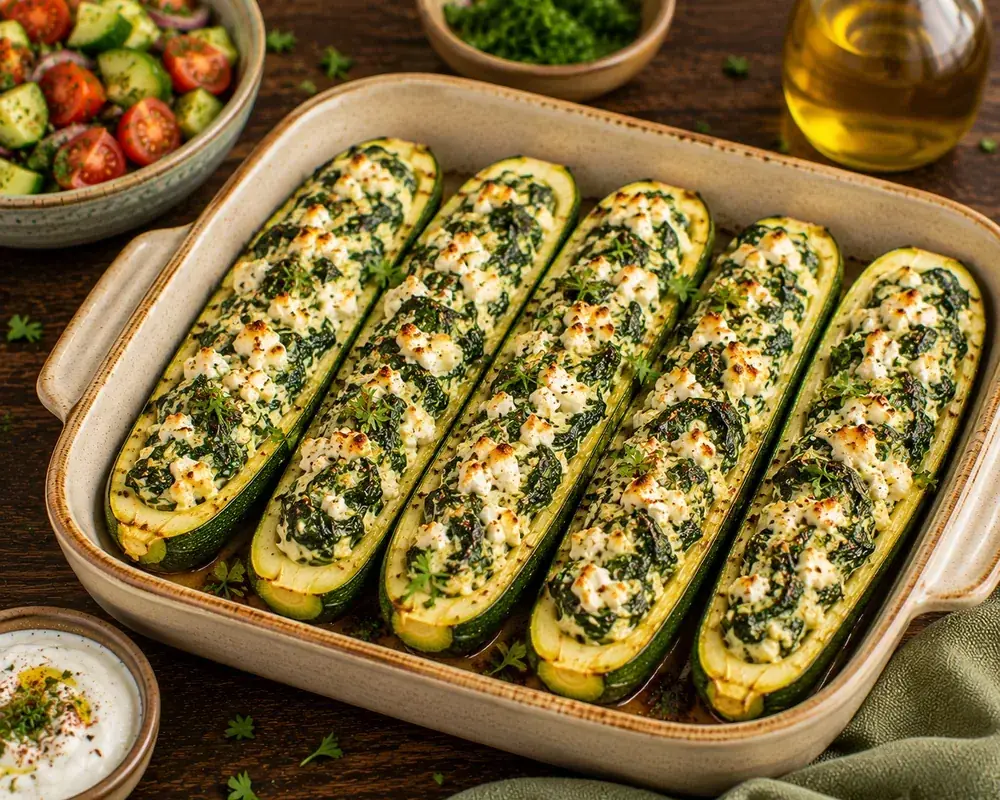 Golden baked zucchini boats filled with spinach, quinoa, feta cheese, fresh herbs, garlic, and Parmesan.